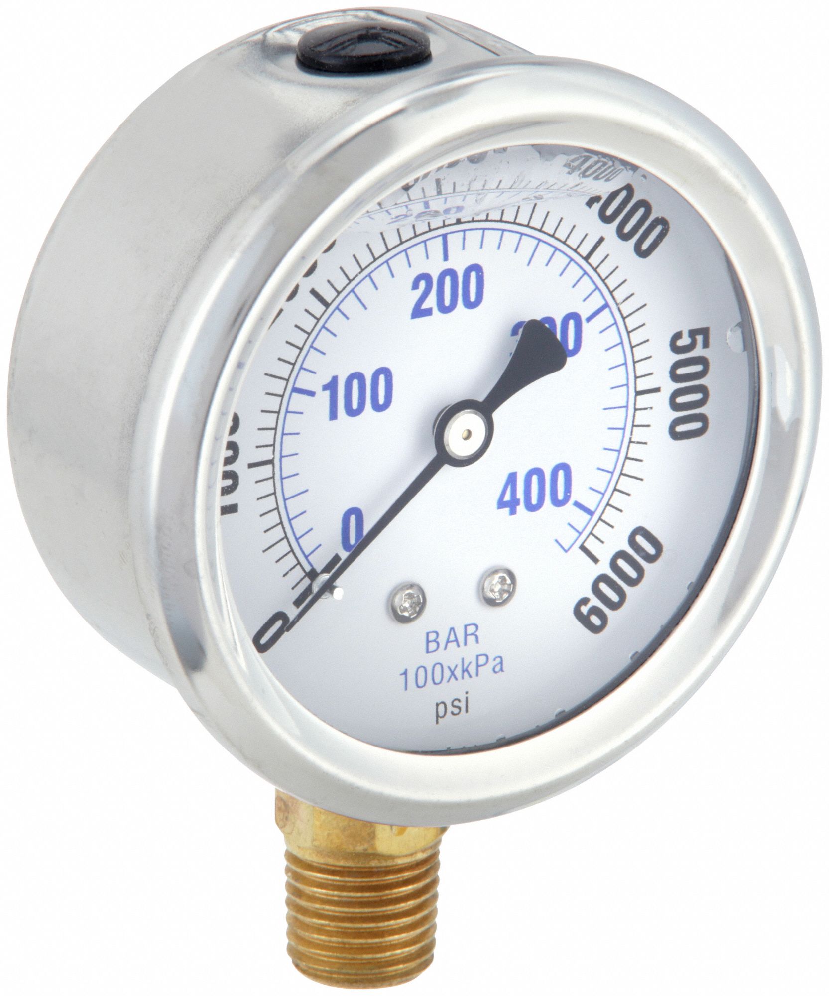 INDUSTRIAL PRESSURE GAUGE, 6,000 PSI TO 0 PSI/HG TO 6,000 PSI, 2 1/2 IN DIAL, BOTTOM, 1/4 IN NPT