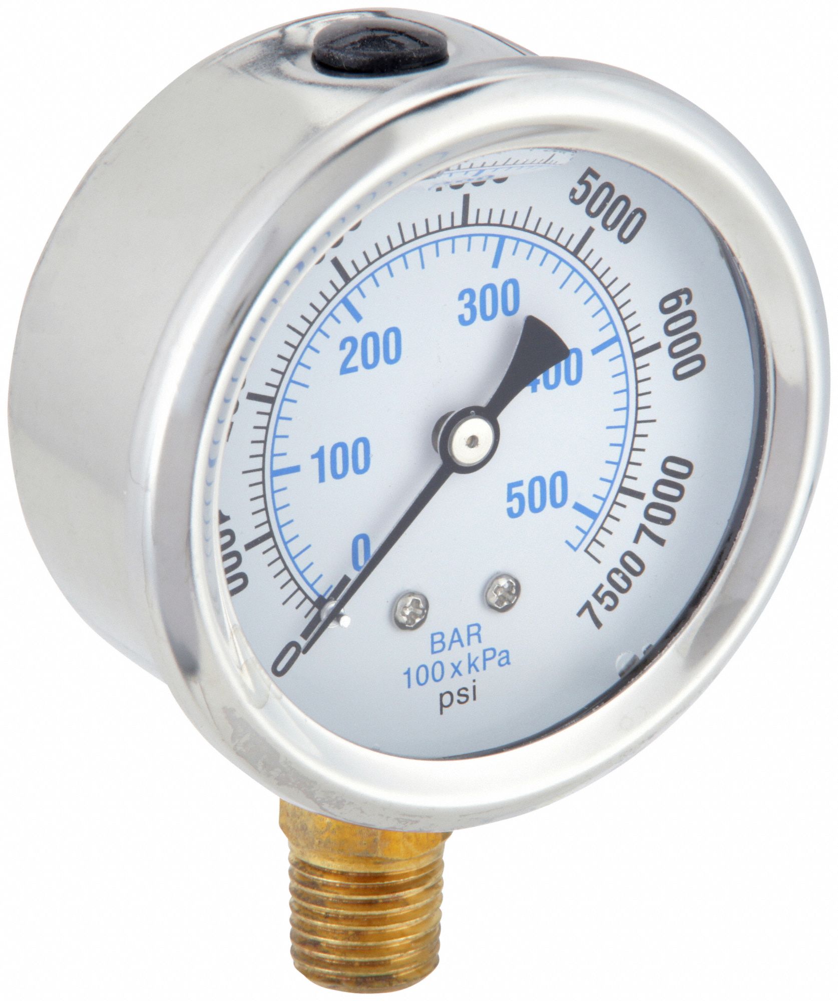 Industrial Pressure Gauge: 0 psi / Hg to 7, 500 psi, 2 1/2 in Dial, 1/4 in NPT Male, 201L