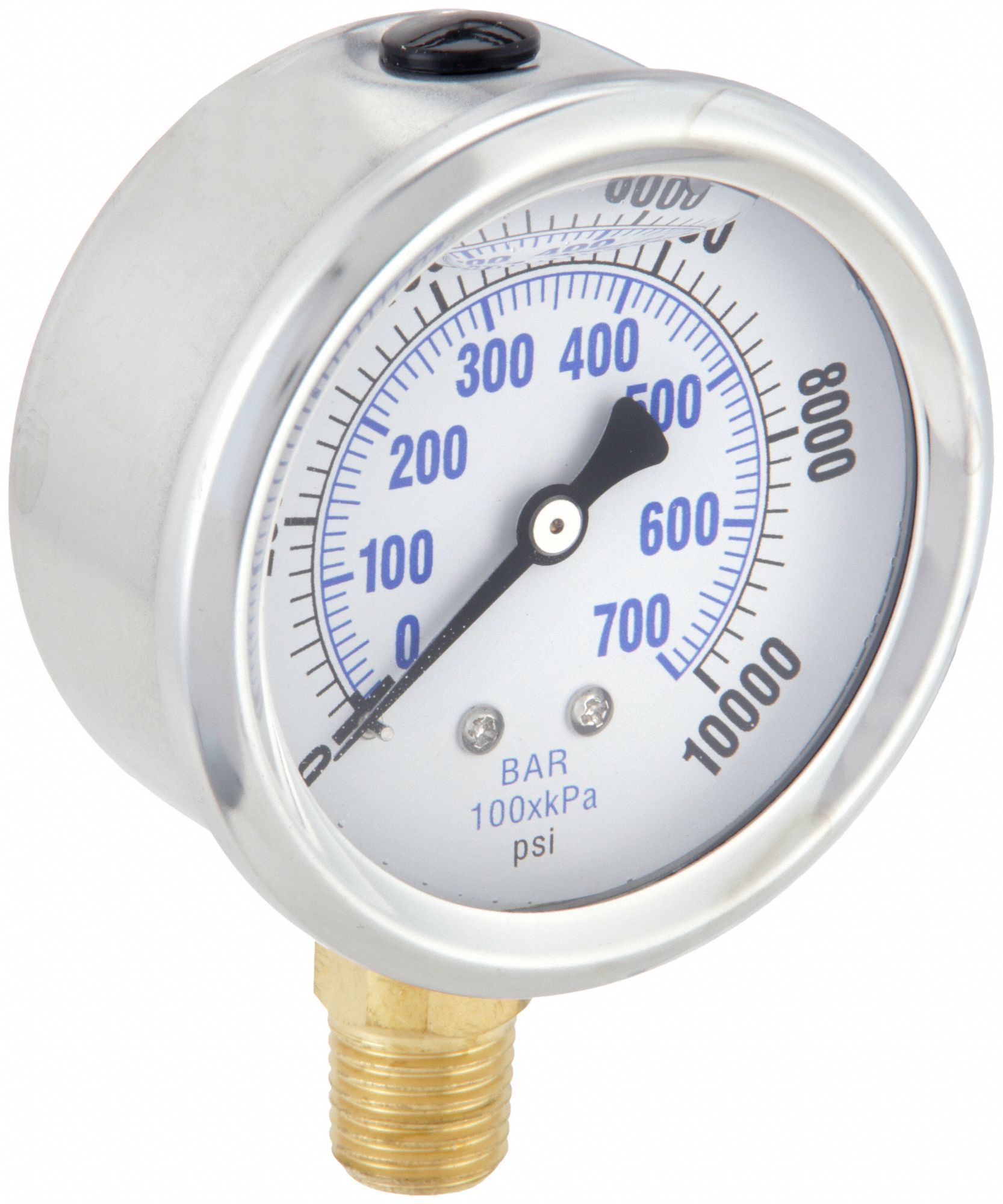 Industrial Pressure Gauge: 0 psi / Hg to 10, 000 psi, 2 1/2 in Dial, 1/4 in NPT Male, 201L