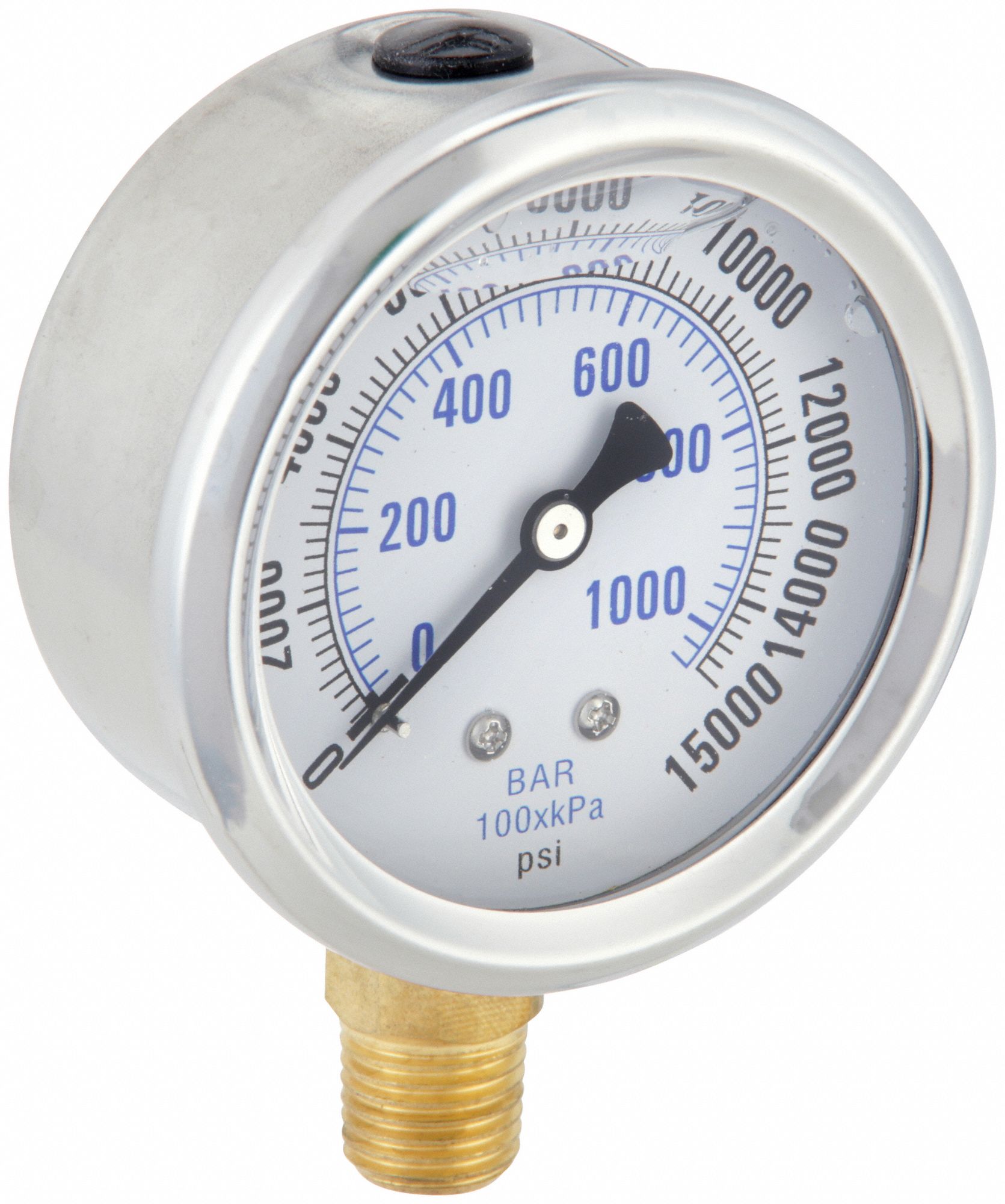 Industrial Pressure Gauge: 0 psi / Hg to 15, 000 psi, 2 1/2 in Dial, 1/4 in NPT Male, 201L