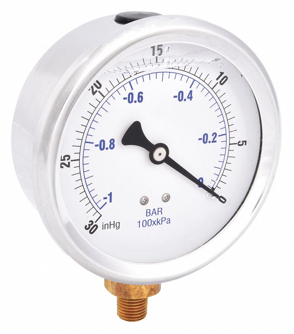 Industrial Vacuum Gauge: 0 psi, 4 in Dial, 1/4 in NPT Male, Bottom, ±1.0% Accuracy, 201L