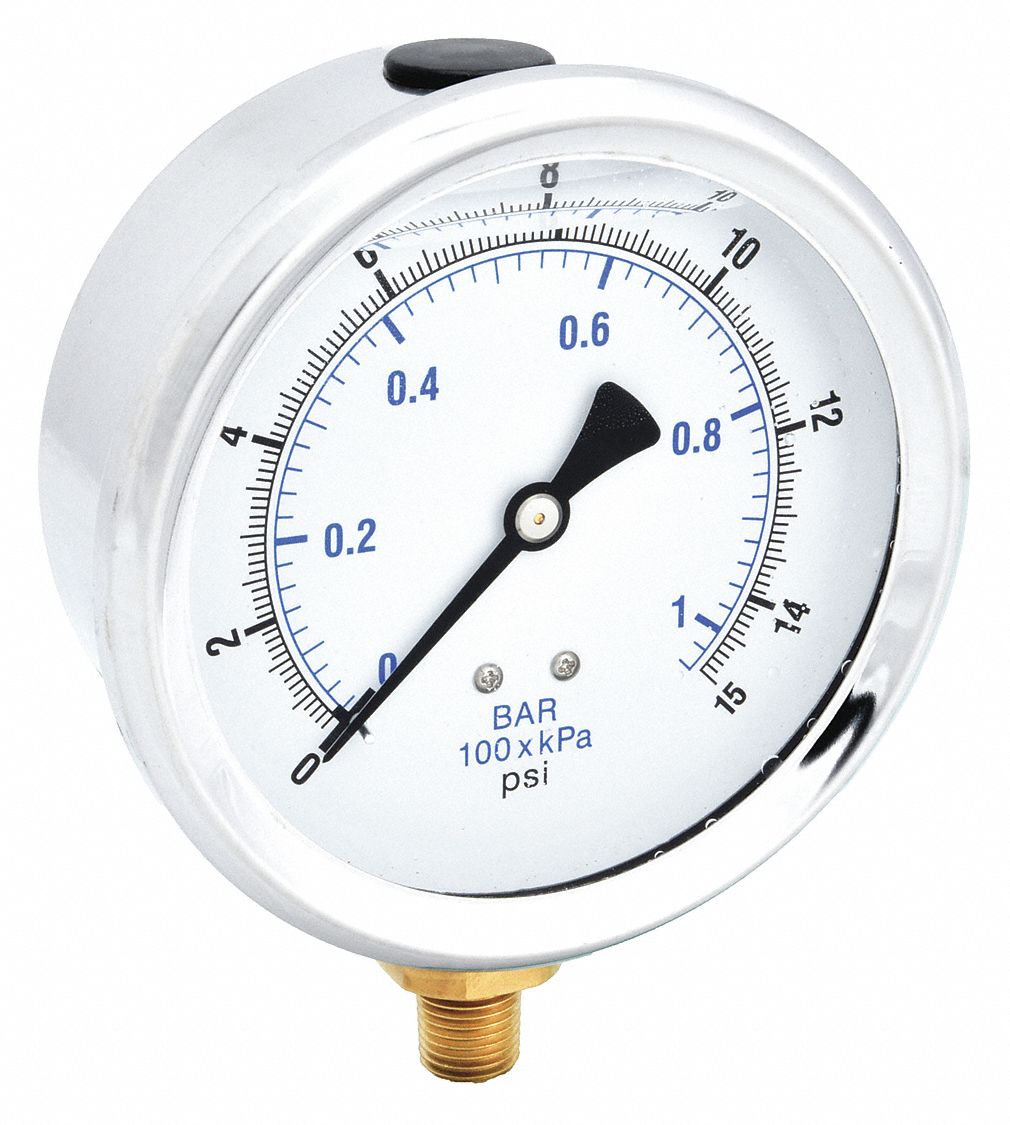 INDUSTRIAL PRESSURE GAUGE, 15 PSI TO 0 PSI/HG TO 15 PSI, 4 IN DIAL, 1/4 IN NPT MALE