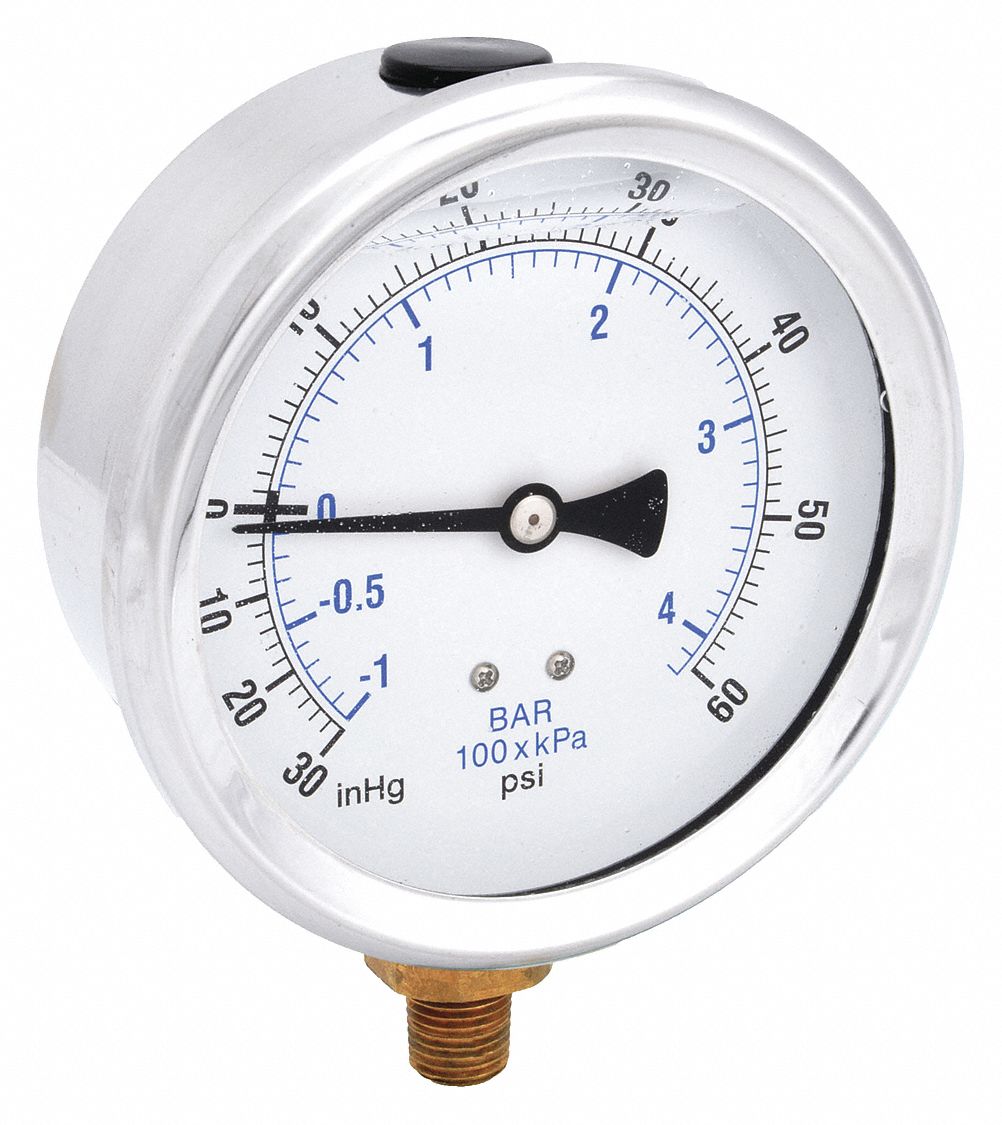 Industrial Compound Gauge: 60 psi to 0 psi / Hg to 60 psi, 4 in Dial, 1/4 in NPT Male