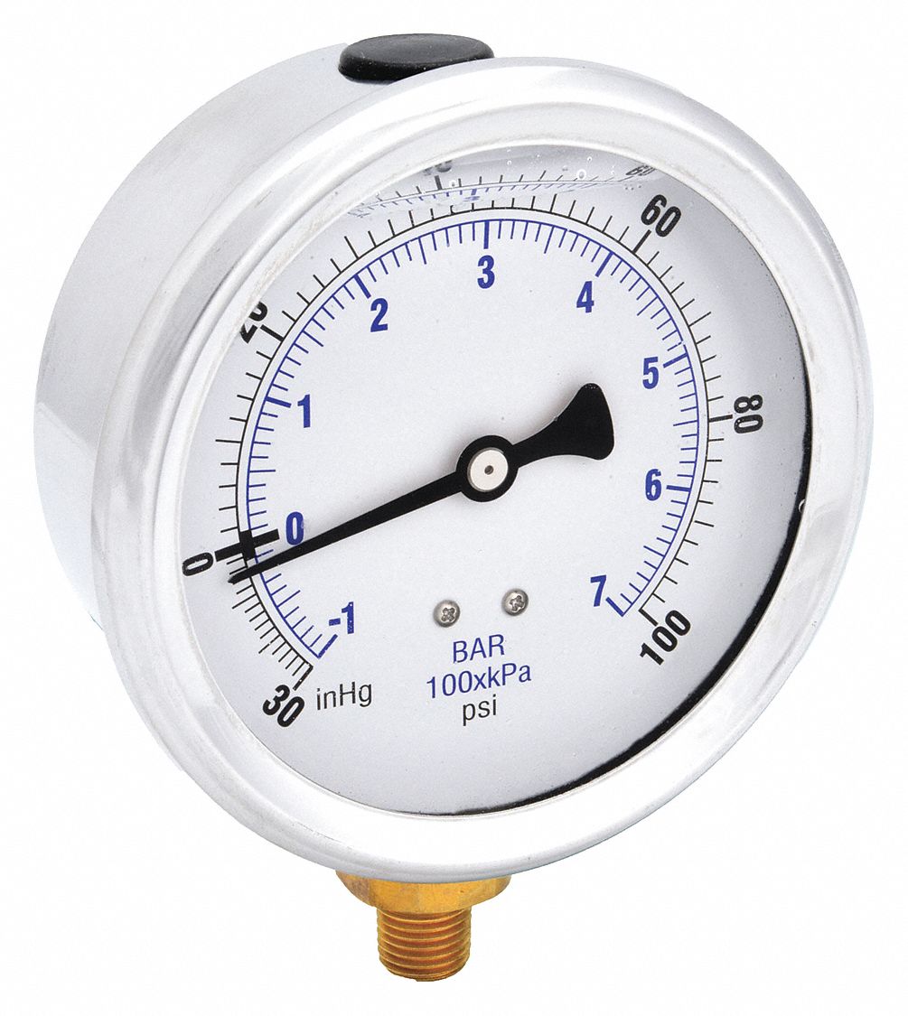 Industrial Compound Gauge: 100 psi to 0 psi / Hg to 100 psi, 4 in Dial, 1/4 in NPT Male