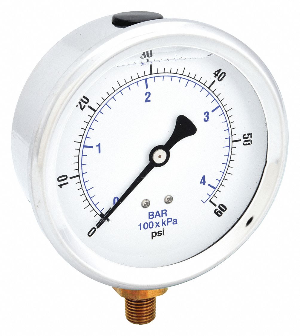 Industrial Pressure Gauge: 0 psi / Hg to 60 psi, 4 in Dial, 1/4 in NPT Male, Bottom, 201L