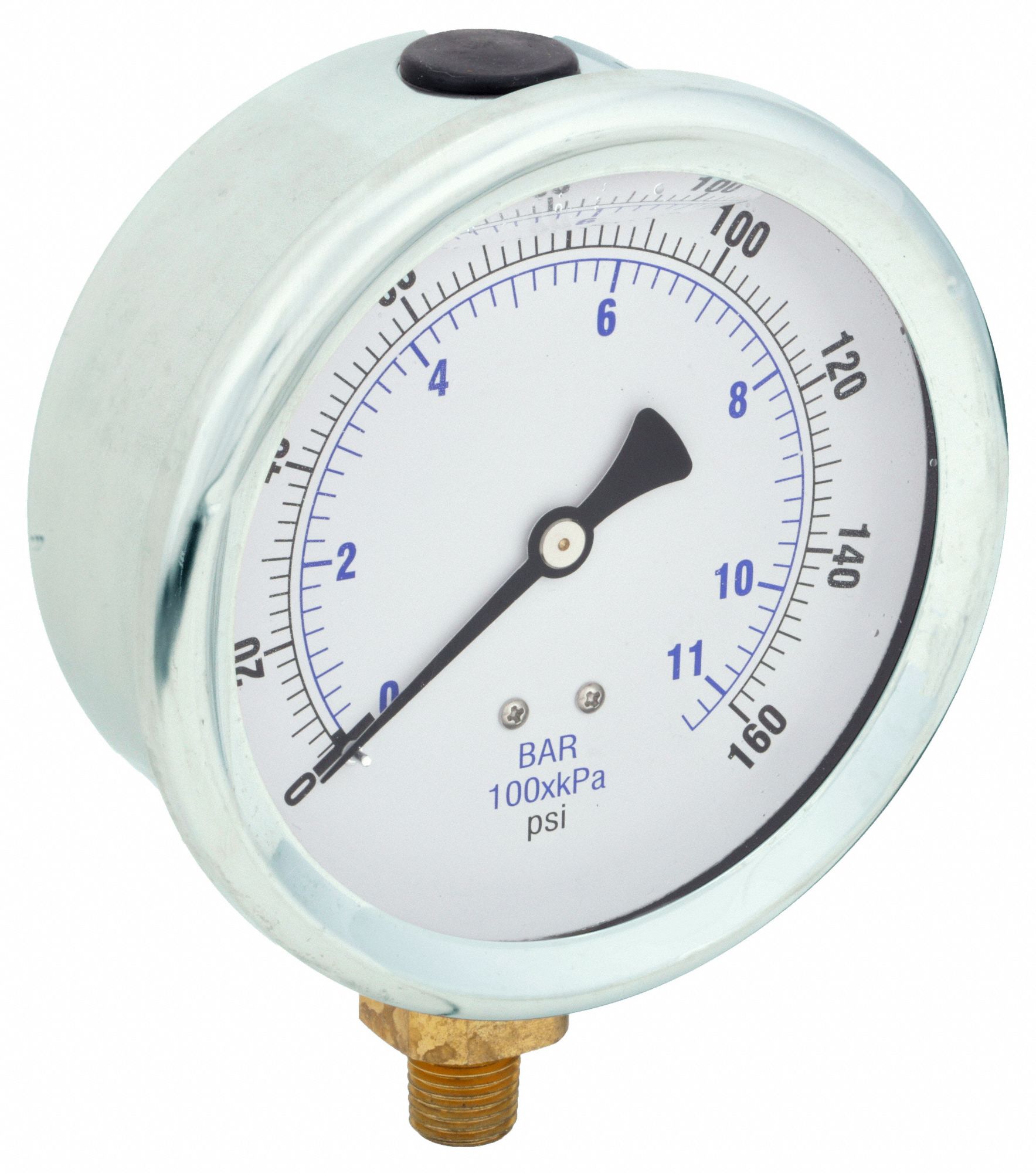 INDUSTRIAL PRESSURE GAUGE, 160 PSI TO 0 PSI/HG TO 160 PSI, 4 IN DIAL, 1/4 IN NPT MALE