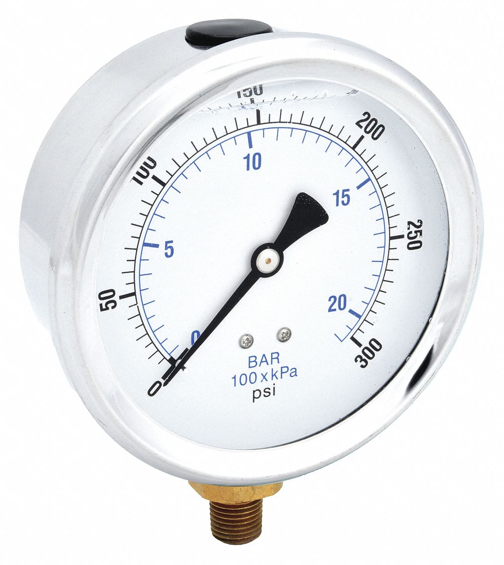 Industrial Pressure Gauge: 0 psi / Hg to 300 psi, 4 in Dial, 1/4 in NPT Male, Bottom