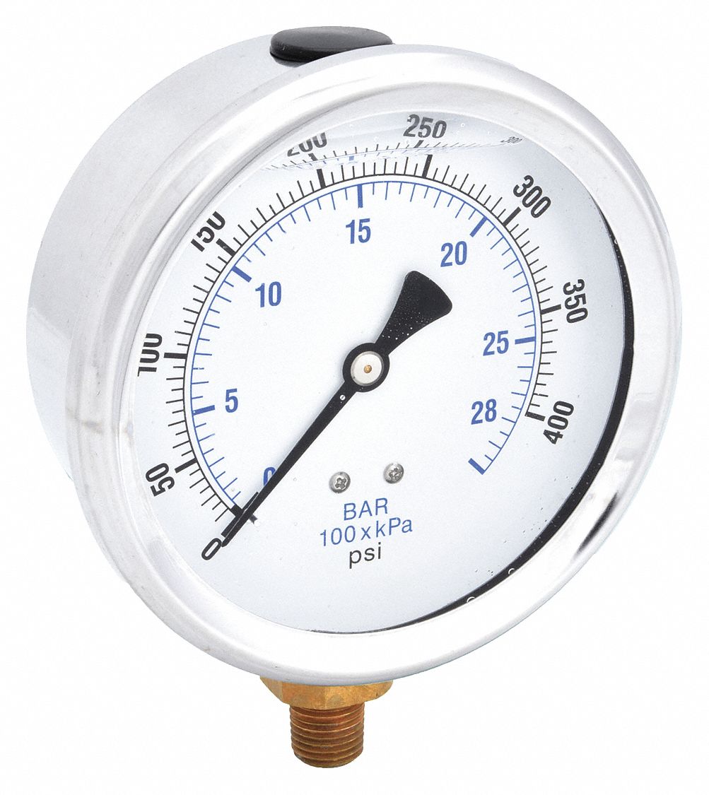 Industrial Pressure Gauge: 0 psi / Hg to 400 psi, 4 in Dial, 1/4 in NPT Male, Bottom
