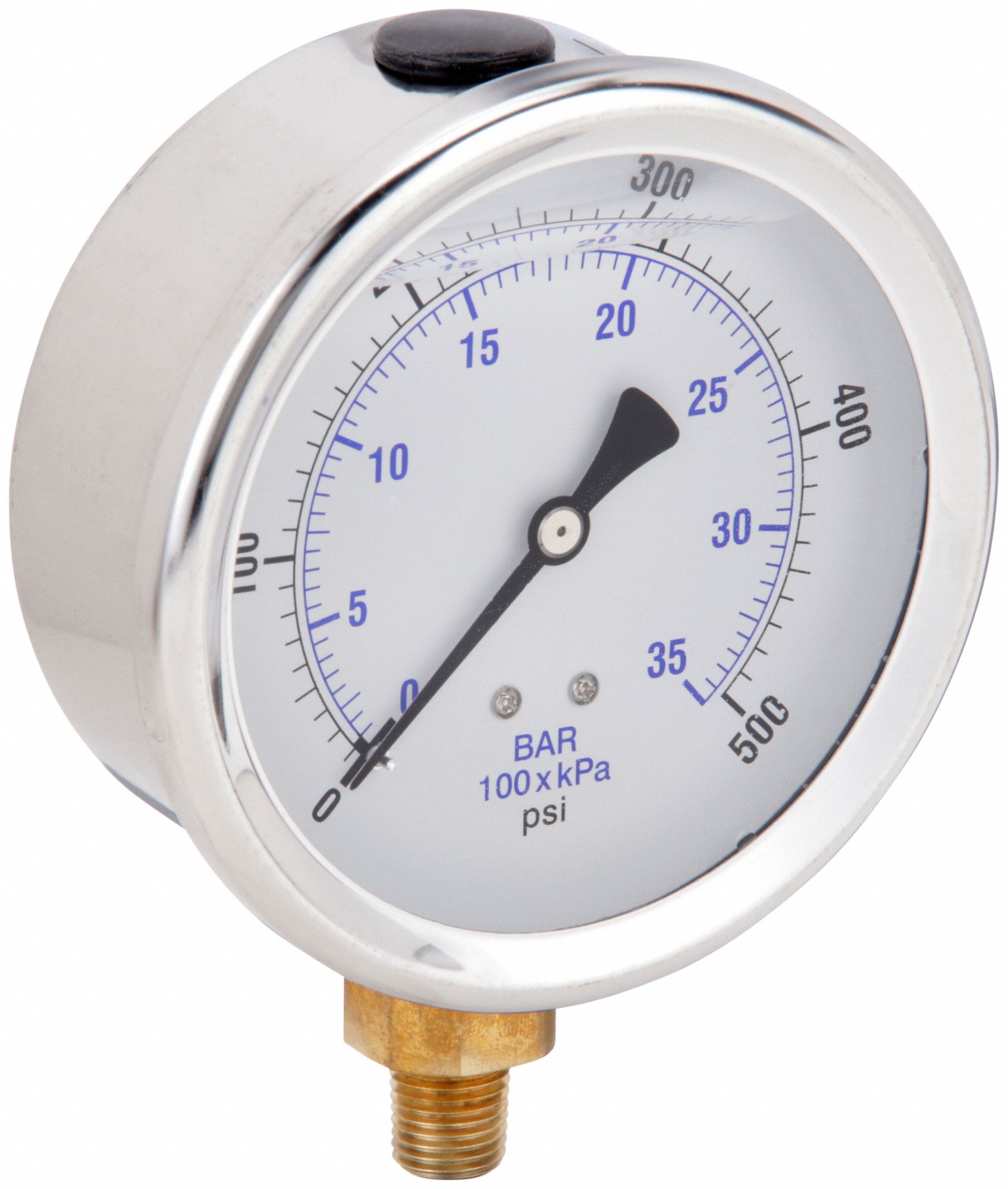 Industrial Pressure Gauge: 0 psi / Hg to 500 psi, 4 in Dial, 1/4 in NPT Male, Bottom