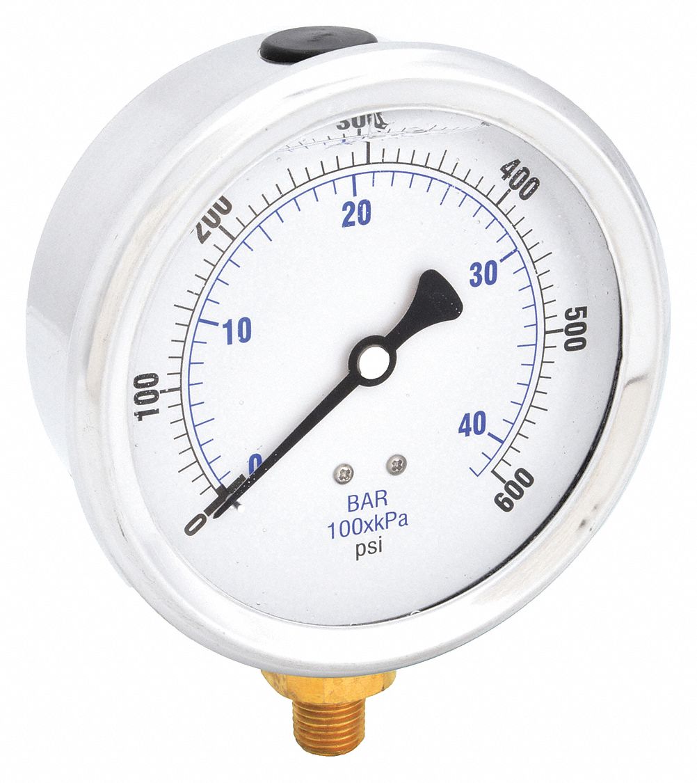 INDUSTRIAL PRESSURE GAUGE, 600 PSI TO 0 PSI/HG TO 600 PSI, 4 IN DIAL, 1/4 IN NPT MALE