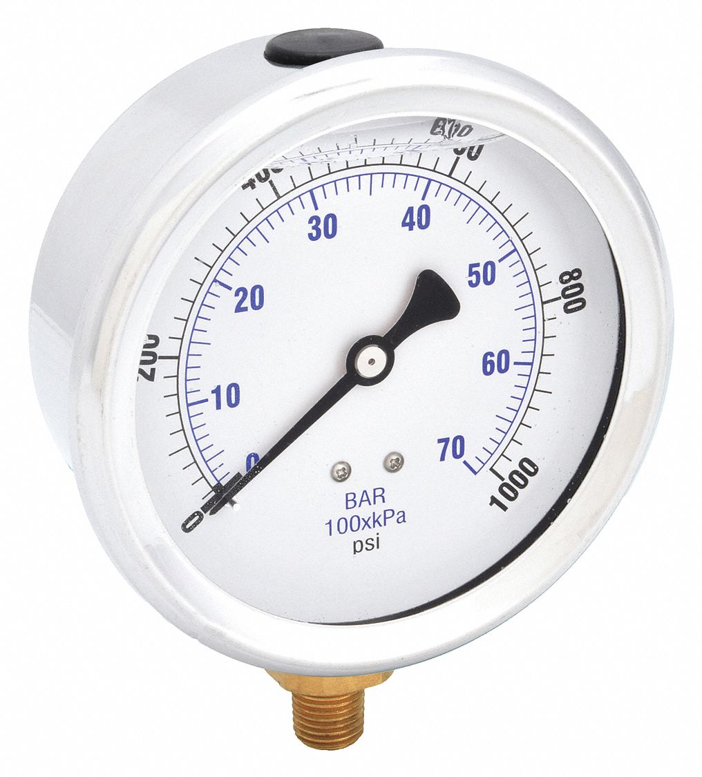 Industrial Pressure Gauge: 0 psi / Hg to 1, 000 psi, 4 in Dial, 1/4 in NPT Male, Bottom