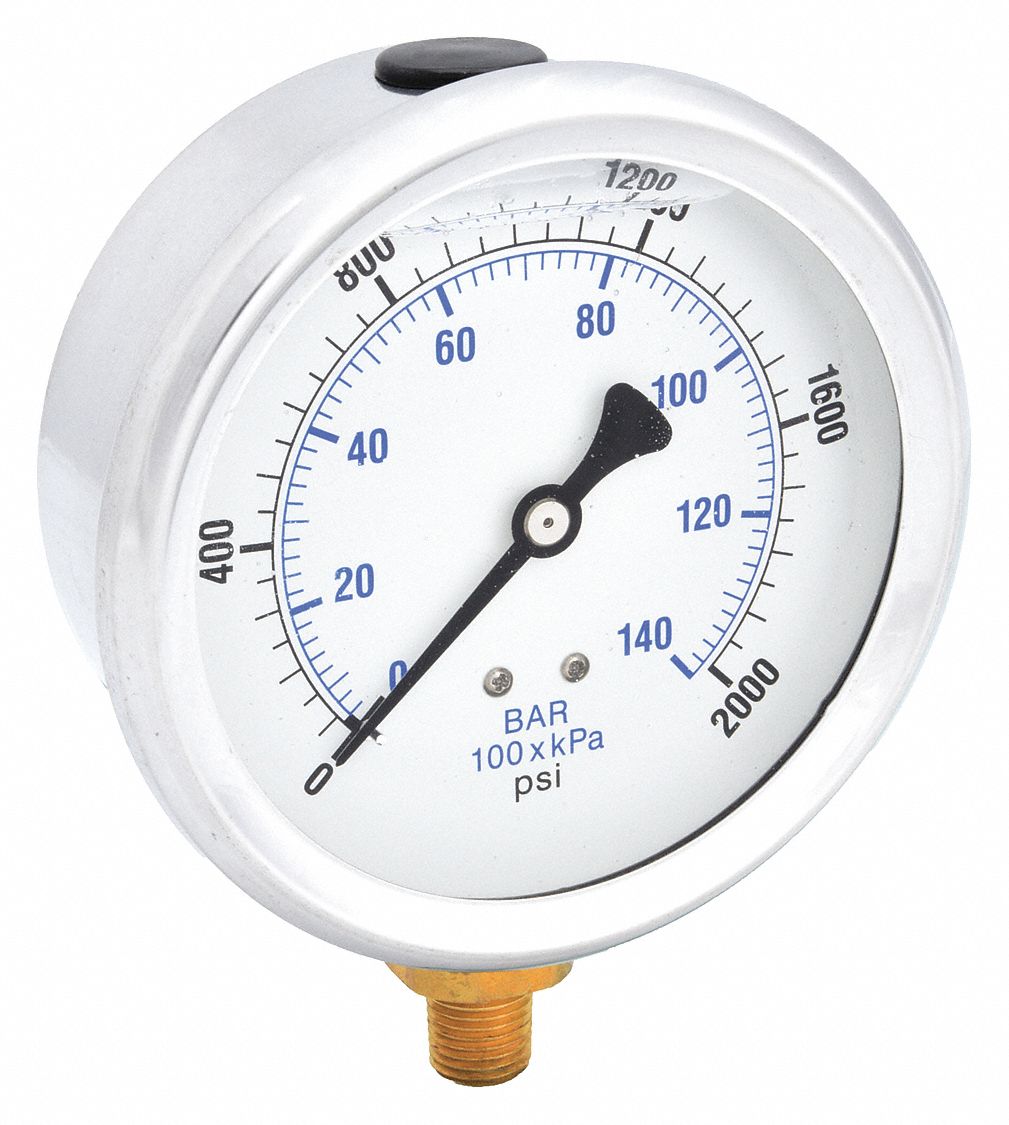 Industrial Pressure Gauge: 0 psi / Hg to 2, 000 psi, 4 in Dial, 1/4 in NPT Male, Bottom