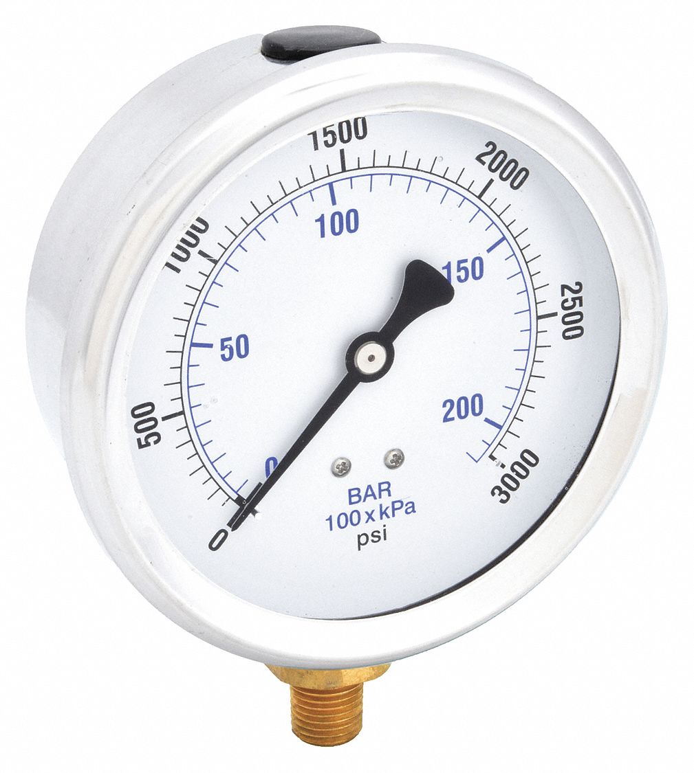Industrial Pressure Gauge: 0 psi / Hg to 3, 000 psi, 4 in Dial, 1/4 in NPT Male, Bottom