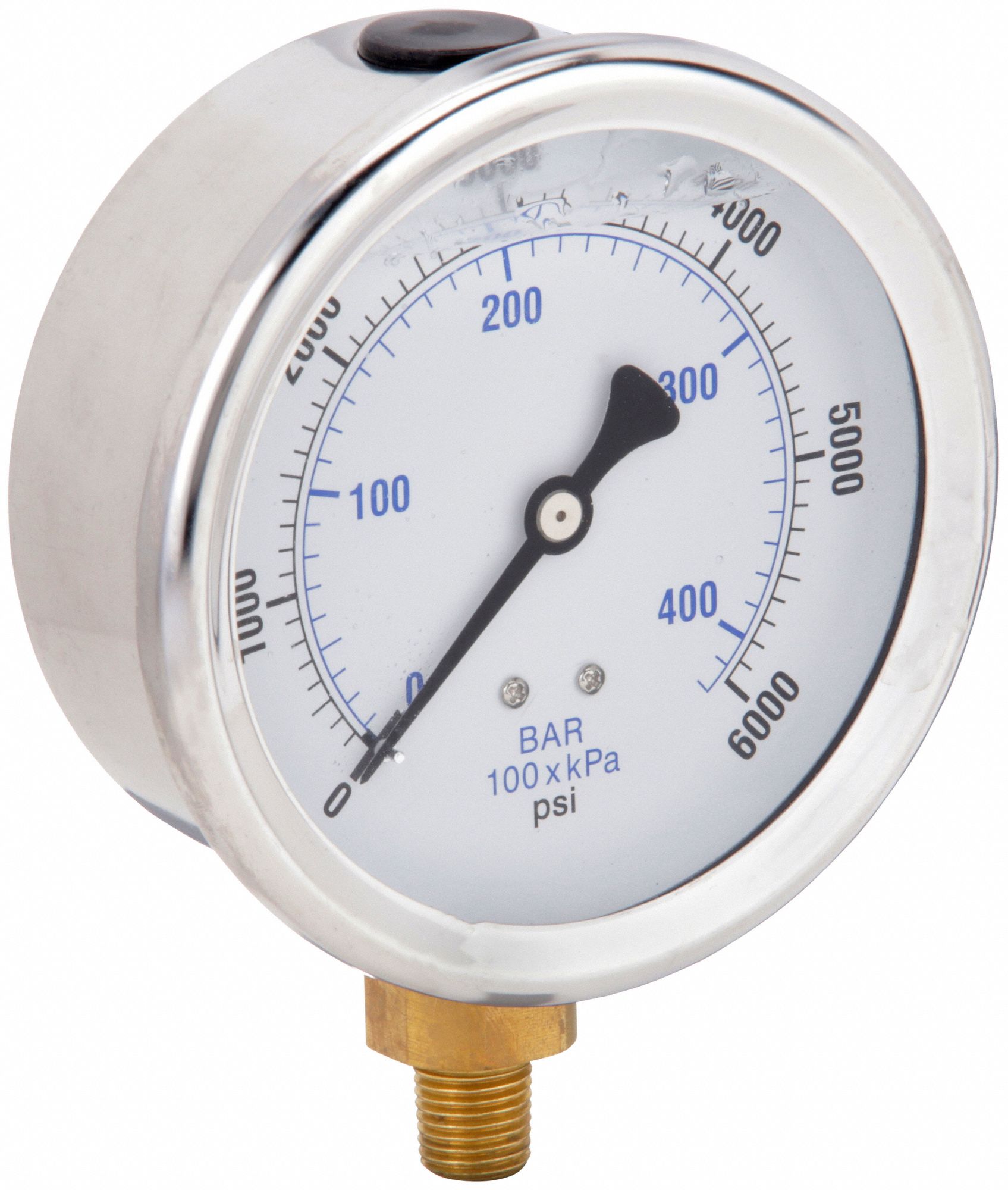 Industrial Pressure Gauge: 0 psi / Hg to 6, 000 psi, 4 in Dial, 1/4 in NPT Male, Bottom