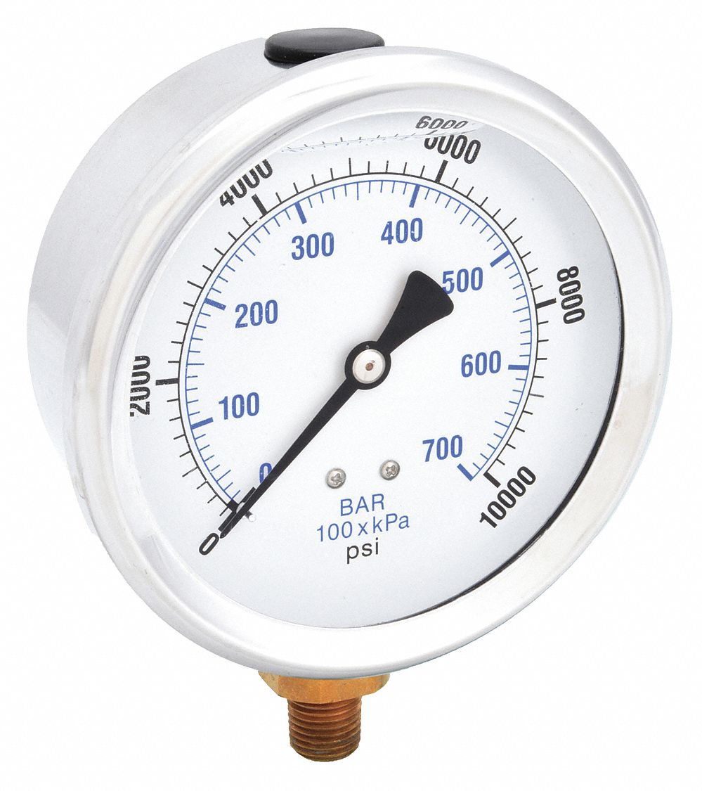 Industrial Pressure Gauge: 0 psi / Hg to 10, 000 psi, 4 in Dial, 1/4 in NPT Male, Bottom