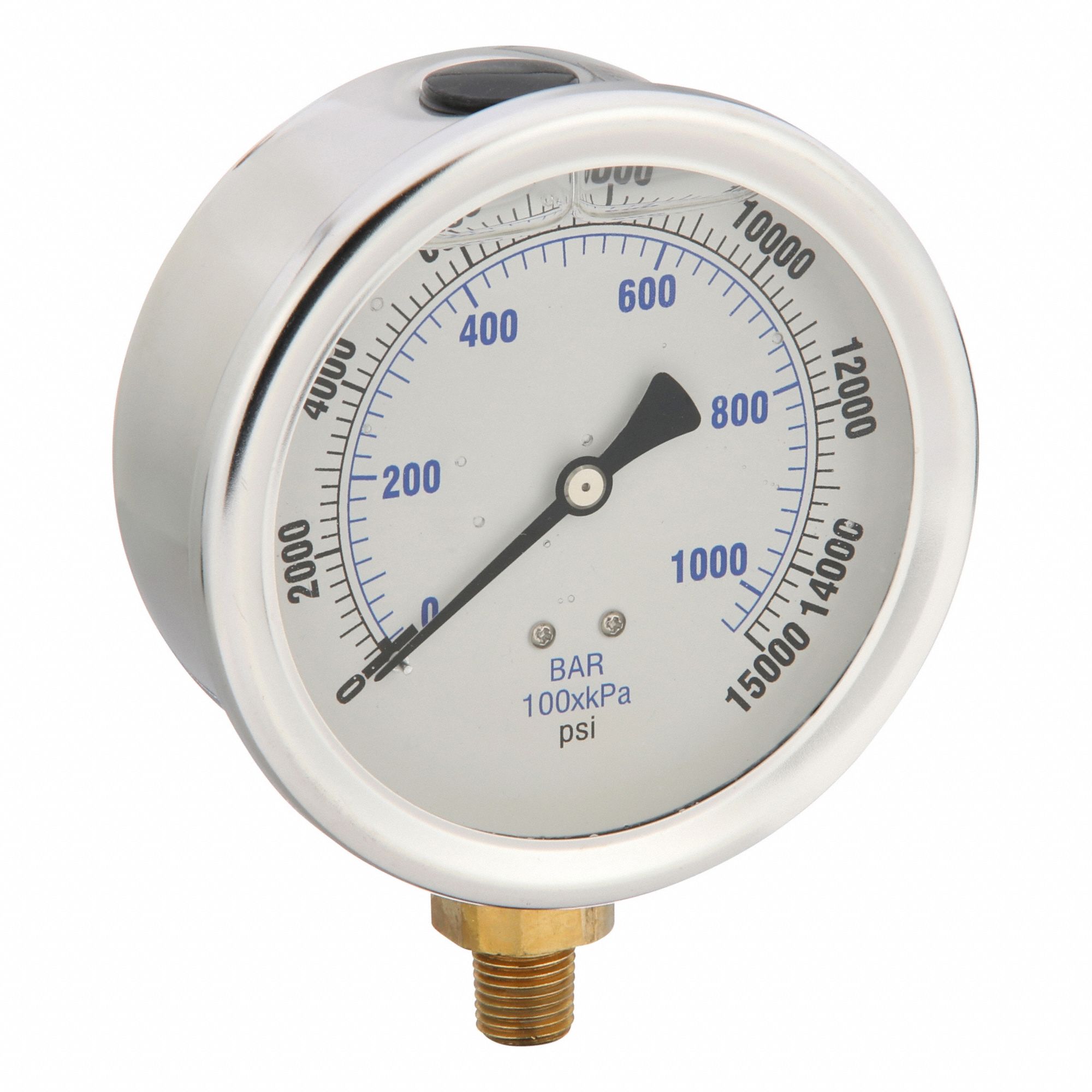 Industrial Pressure Gauge: 0 psi / Hg to 15, 000 psi, 4 in Dial, 1/4 in NPT Male, Bottom