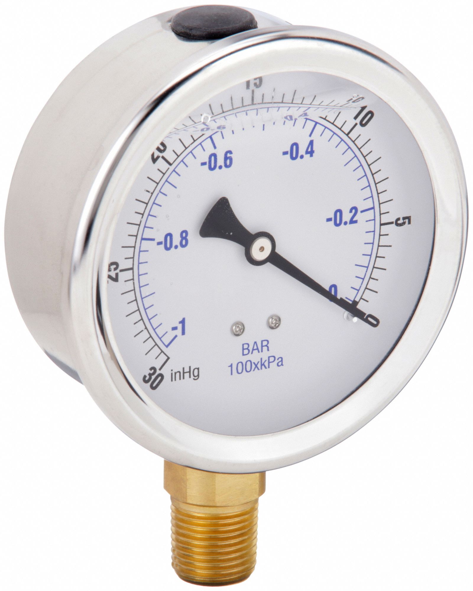 Industrial Vacuum Gauge: -30 psi / Hg to 0 psi, 4 in Dial, 1/2 in NPT Male, Bottom, 201L