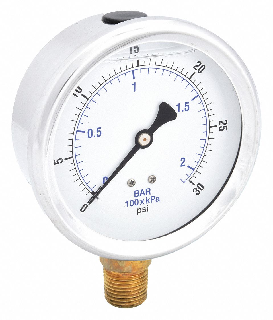 Industrial Pressure Gauge: 0 psi / Hg to 30 psi, 4 in Dial, 1/2 in NPT Male, Bottom, 201L