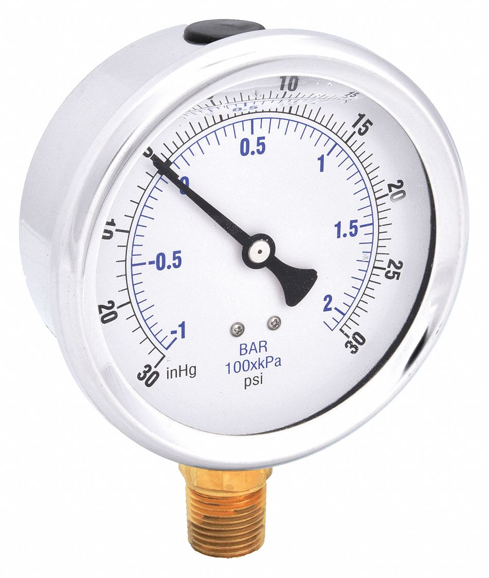 Industrial Compound Gauge: 30 psi to 0 psi / Hg to 30 psi, 4 in Dial, 1/2 in NPT Male