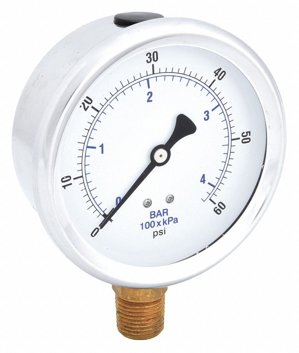 Industrial Pressure Gauge: 0 psi / Hg to 60 psi, 4 in Dial, 1/2 in NPT Male, Bottom, 201L