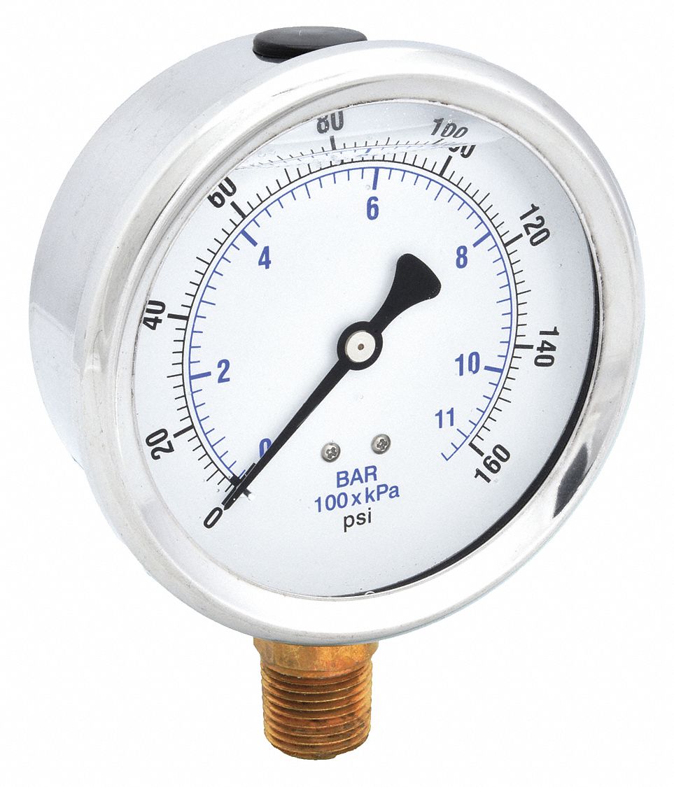INDUSTRIAL PRESSURE GAUGE, 160 PSI TO 0 PSI/HG TO 160 PSI, 4 IN DIAL, 1/2 IN NPT MALE