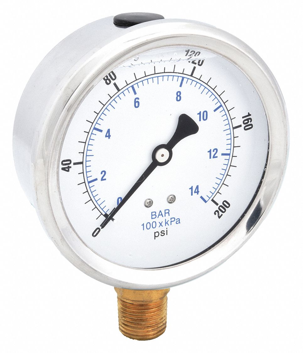 Industrial Pressure Gauge: 0 psi / Hg to 200 psi, 4 in Dial, 1/2 in NPT Male, Bottom