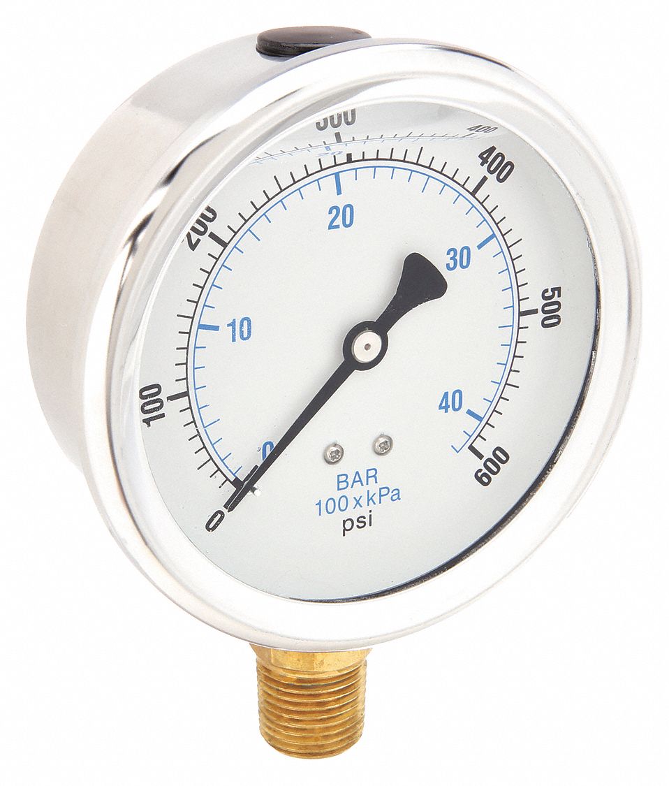 Industrial Pressure Gauge: 0 psi / Hg to 600 psi, 4 in Dial, 1/2 in NPT Male, Bottom