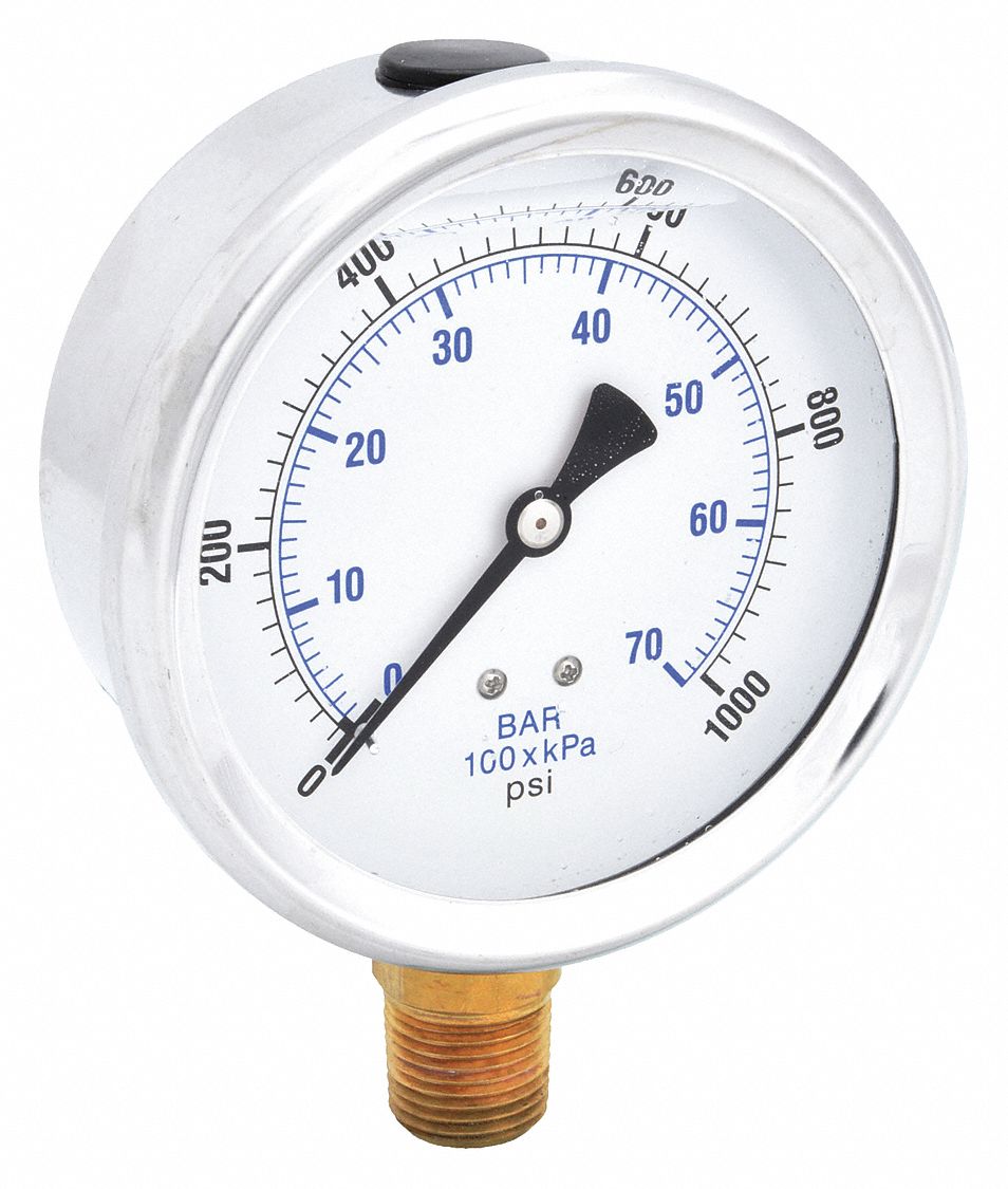 Industrial Pressure Gauge: 0 psi / Hg to 1, 000 psi, 4 in Dial, 1/2 in NPT Male, Bottom