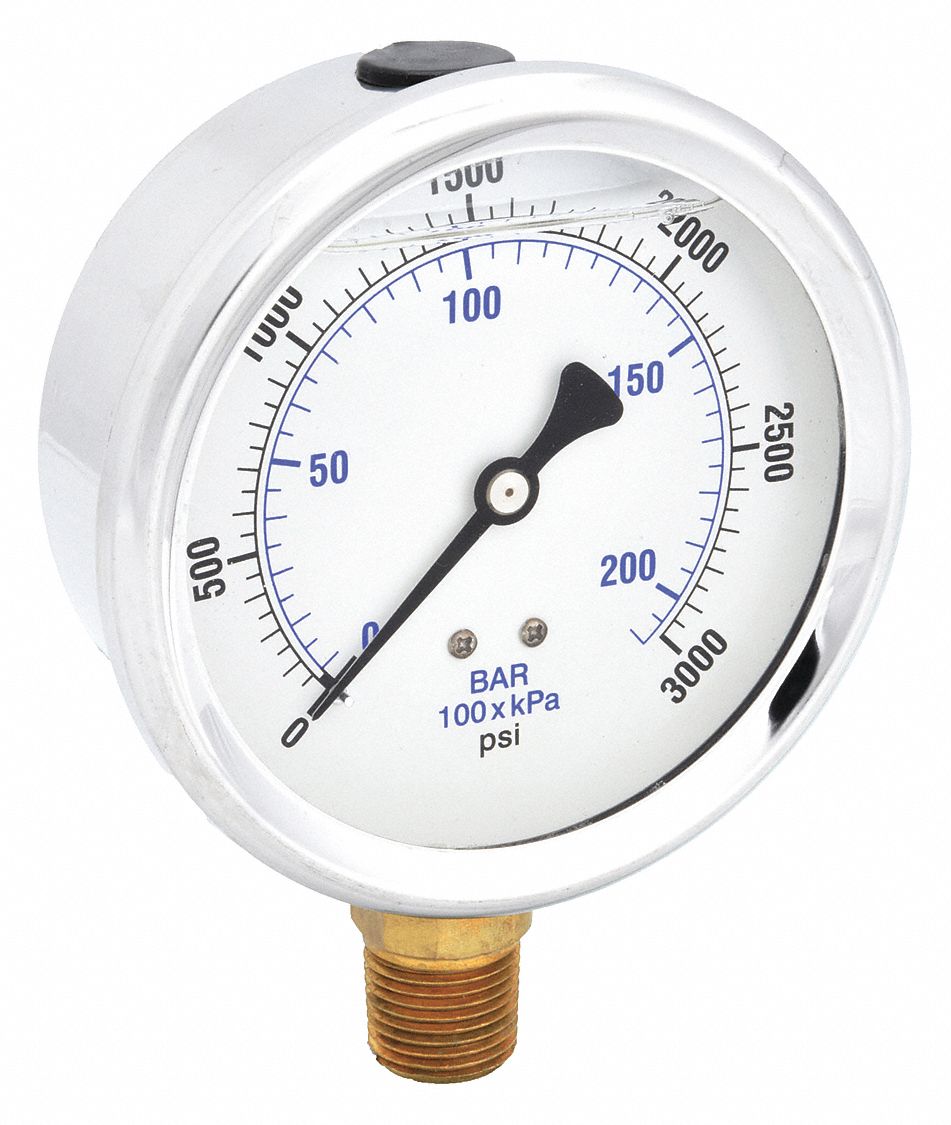 Industrial Pressure Gauge: 0 psi / Hg to 3, 000 psi, 4 in Dial, 1/2 in NPT Male, Bottom