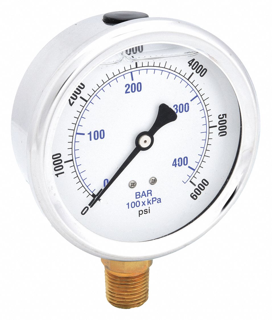 Industrial Pressure Gauge: 0 psi / Hg to 6, 000 psi, 4 in Dial, 1/2 in NPT Male, Bottom