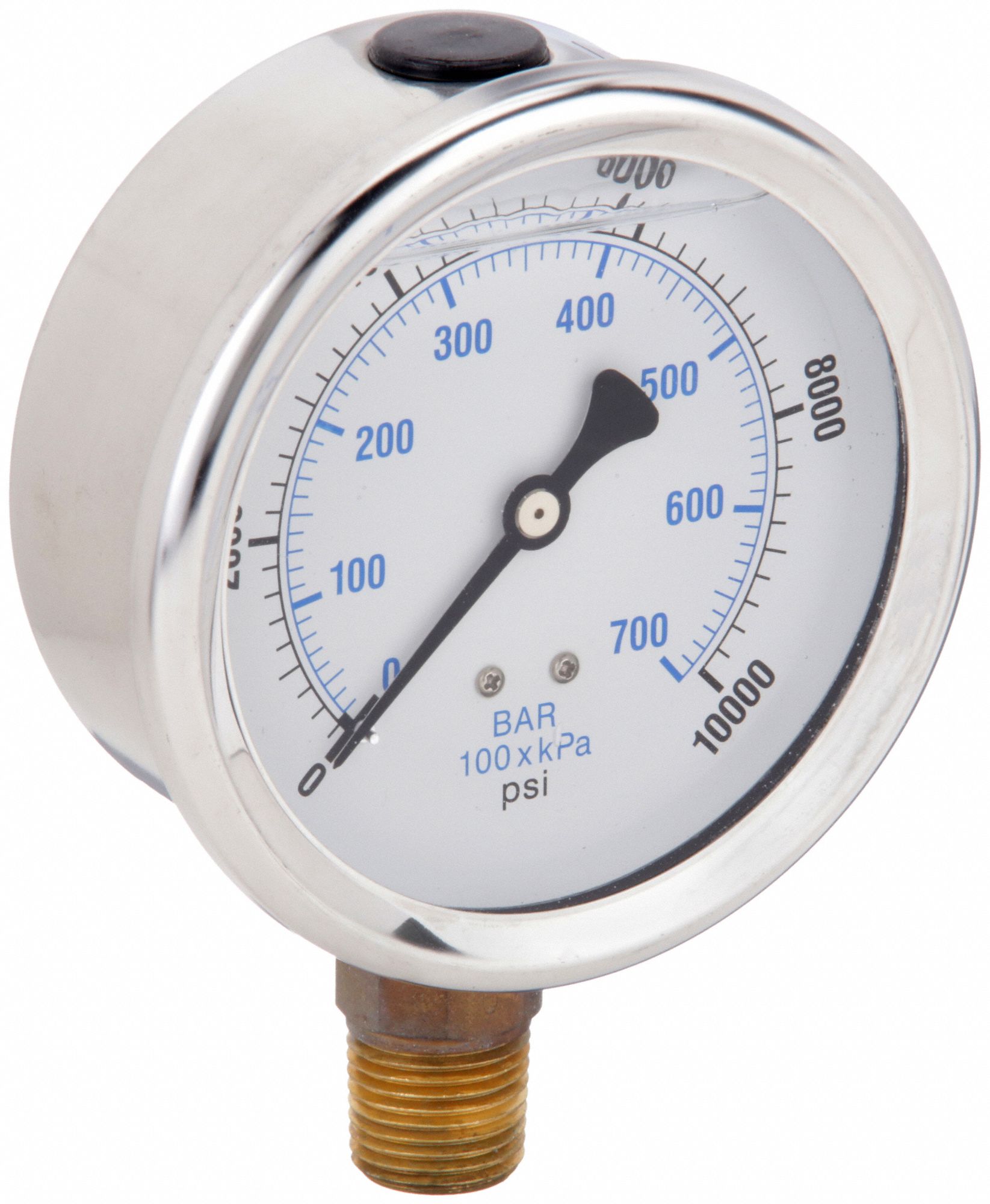Industrial Pressure Gauge: 0 psi / Hg to 10, 000 psi, 4 in Dial, 1/2 in NPT Male, Bottom