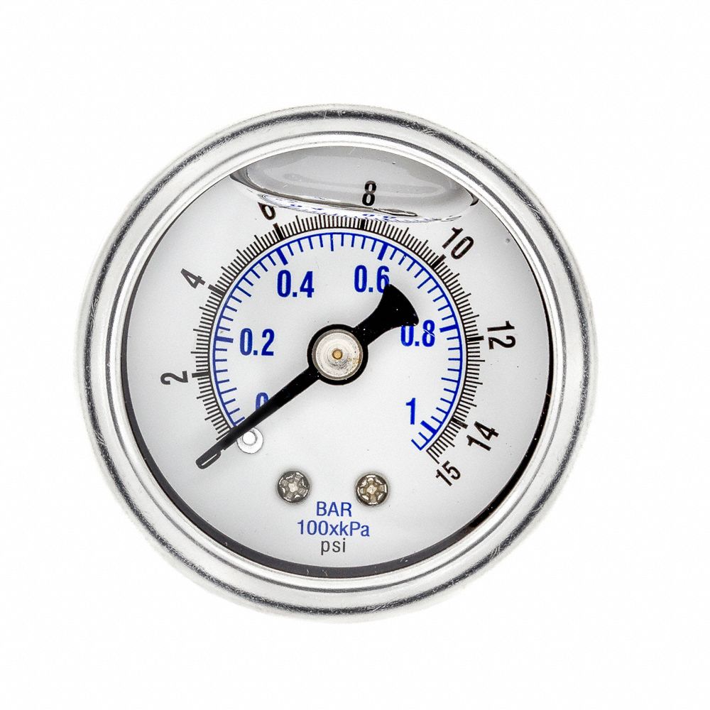 INDUSTRIAL PRESSURE GAUGE, 15 PSI TO 0 PSI/HG TO 15 PSI, 1 1/2 IN DIAL, 1/8 IN NPT MALE