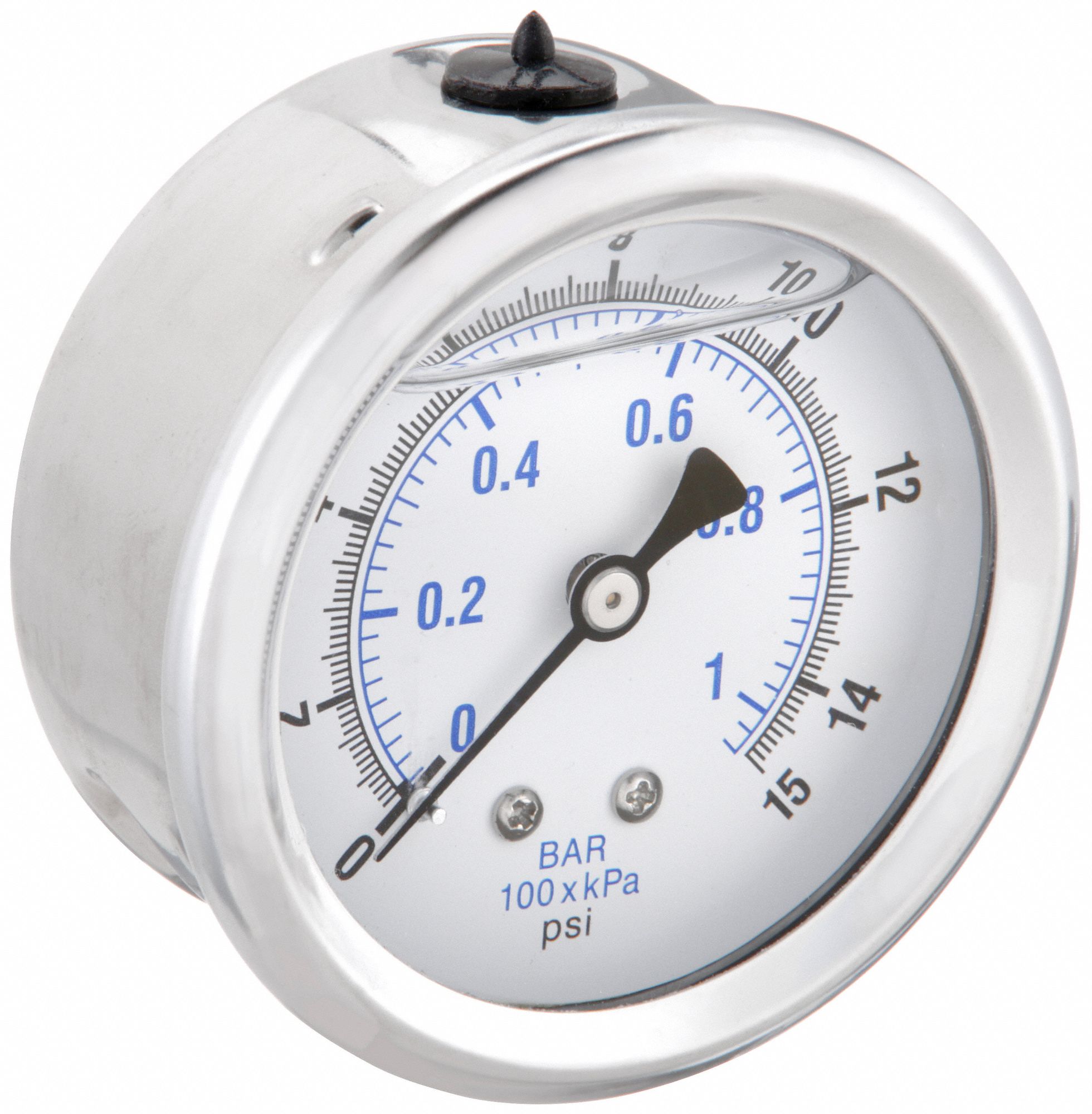 Industrial Pressure Gauge: 0 psi / Hg to 15 psi, 2 1/2 in Dial, 1/4 in NPT Male, Copper