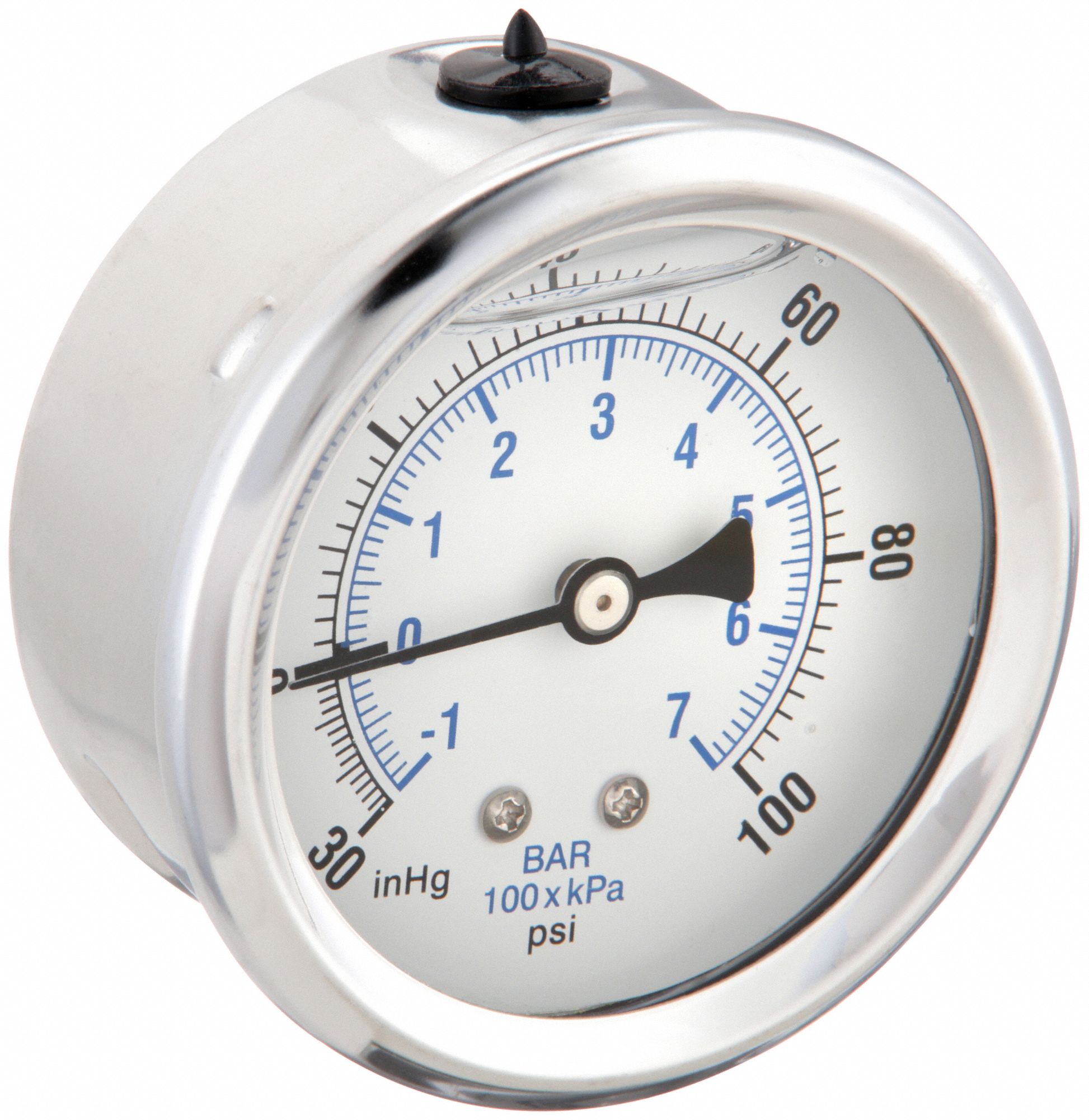 Industrial Compound Gauge: 100 psi to 0 psi / Hg to 100 psi, 2 1/2 in Dial, Center Back