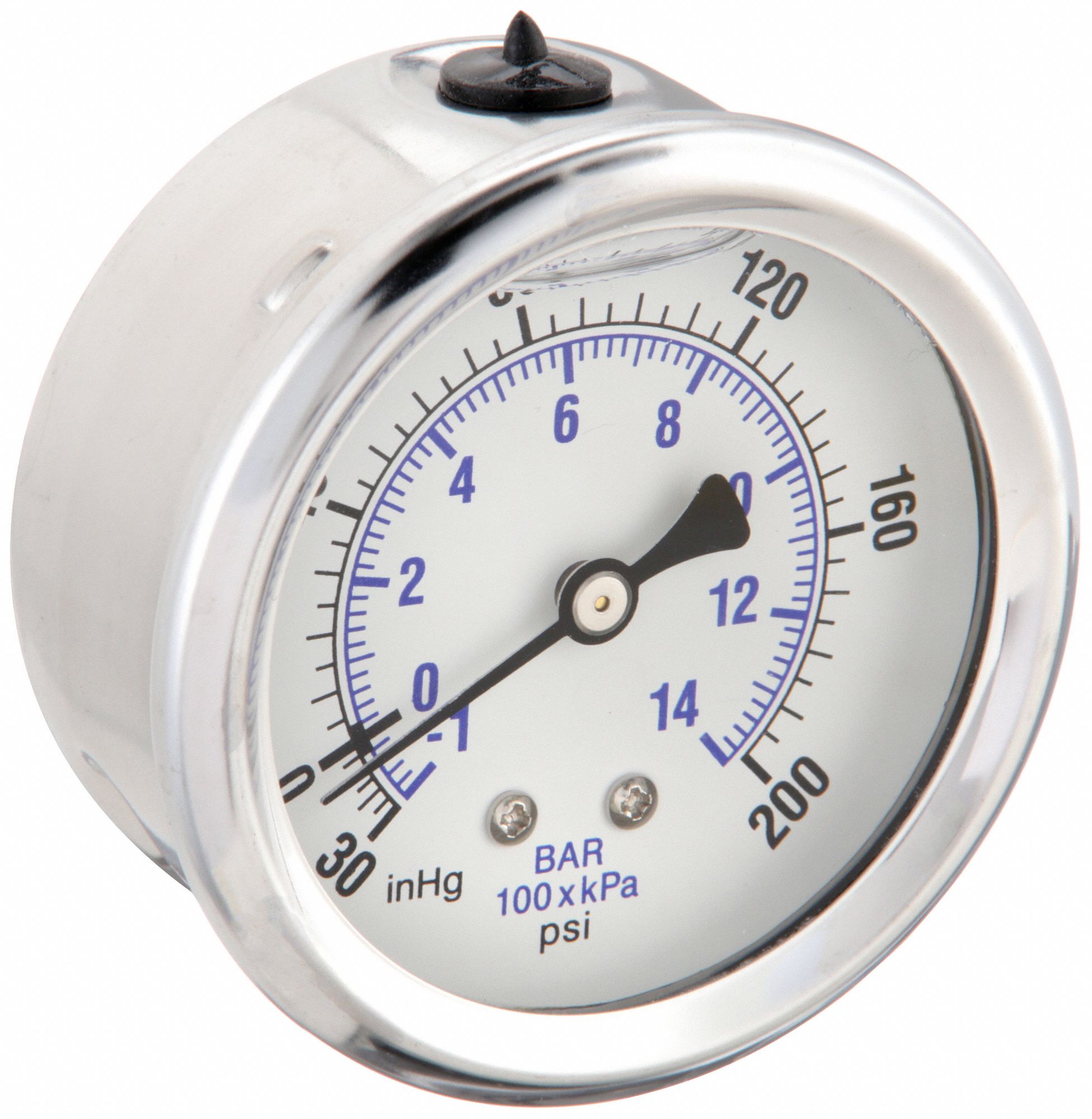 Industrial Compound Gauge: 200 psi to 0 psi / Hg to 200 psi, 2 1/2 in Dial, Center Back
