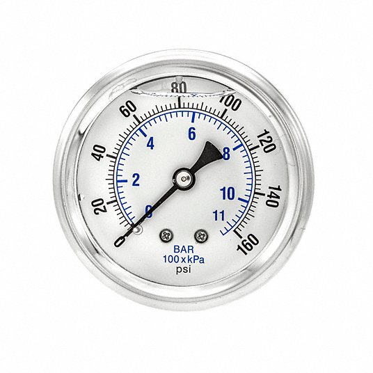 PIC Gauge 202L-254E Glycerin Filled Industrial Center Back Mount Pressure Gauge with Stainless Steel Case 0/100 psi Range 1/4 Male NPT Connection Size 2-1/2 Dial Size Plastic Lens Brass Internals 