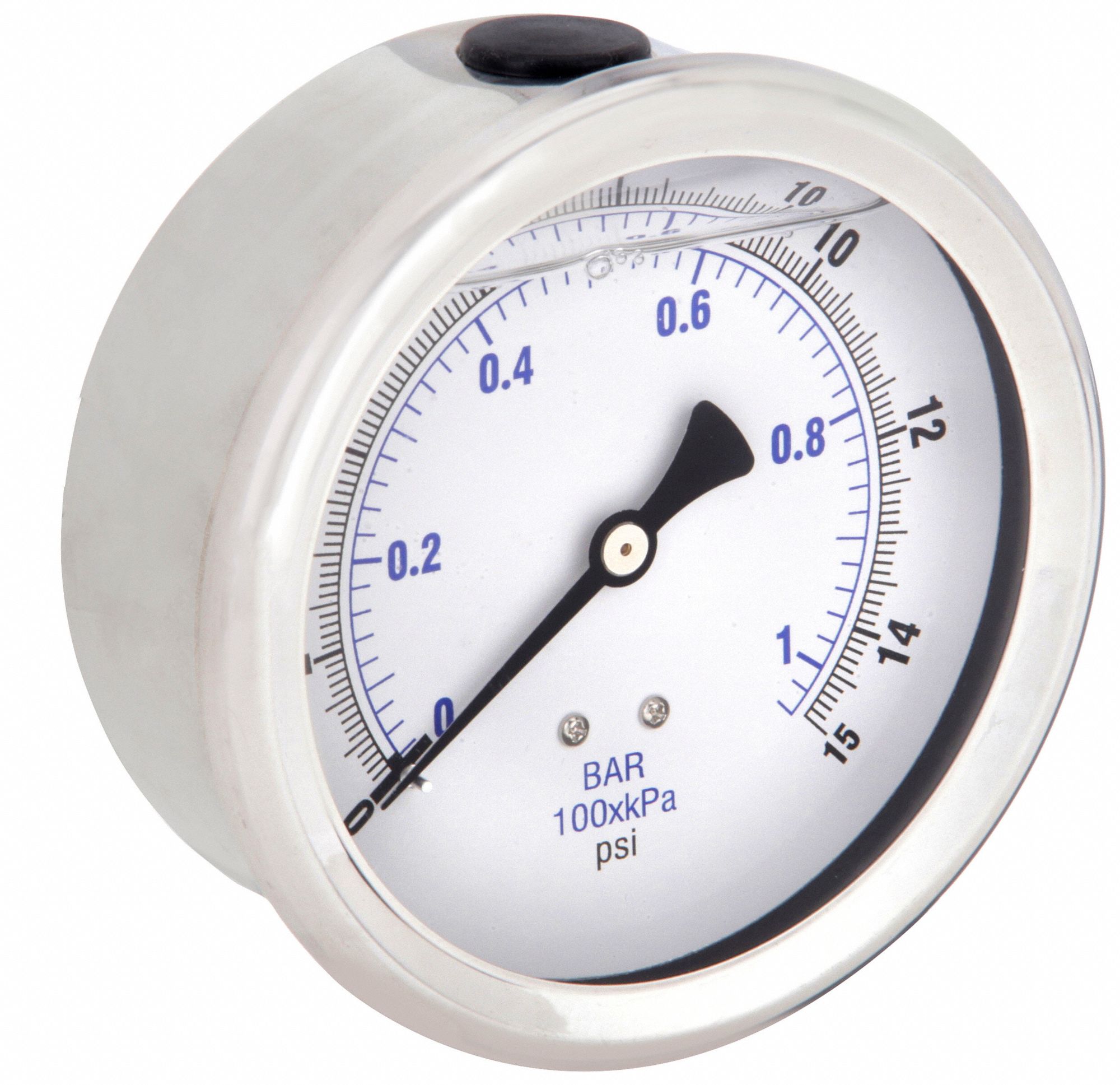 Industrial Pressure Gauge: 0 psi / Hg to 15 psi, 4 in Dial, 1/4 in NPT Male, Center Back
