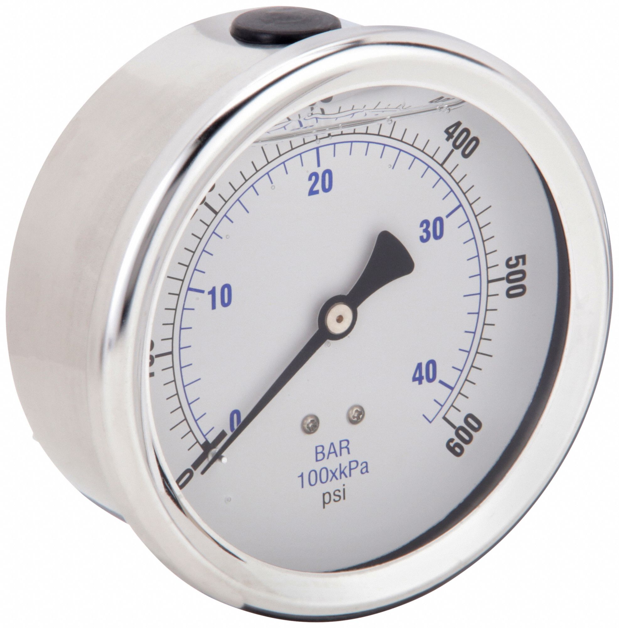 Industrial Pressure Gauge: 0 psi / Hg to 600 psi, 4 in Dial, 1/4 in NPT Male, Center Back