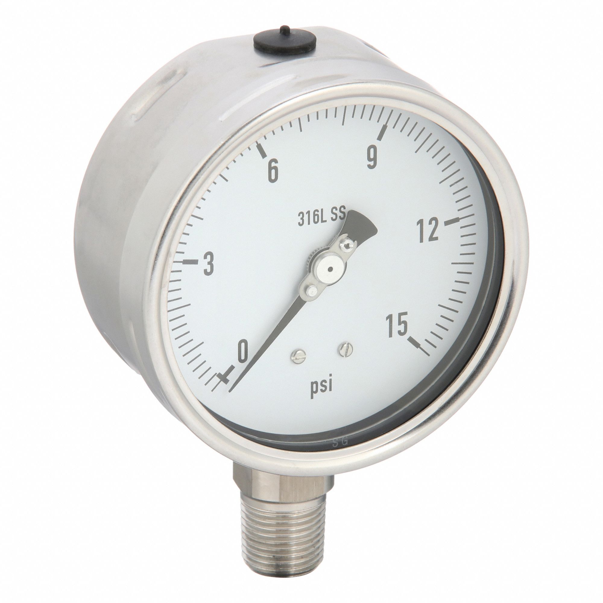Industrial Pressure Gauge: 0 psi / Hg to 15 psi, 4 in Dial, 1/2 in NPT Male, Bottom, 4000