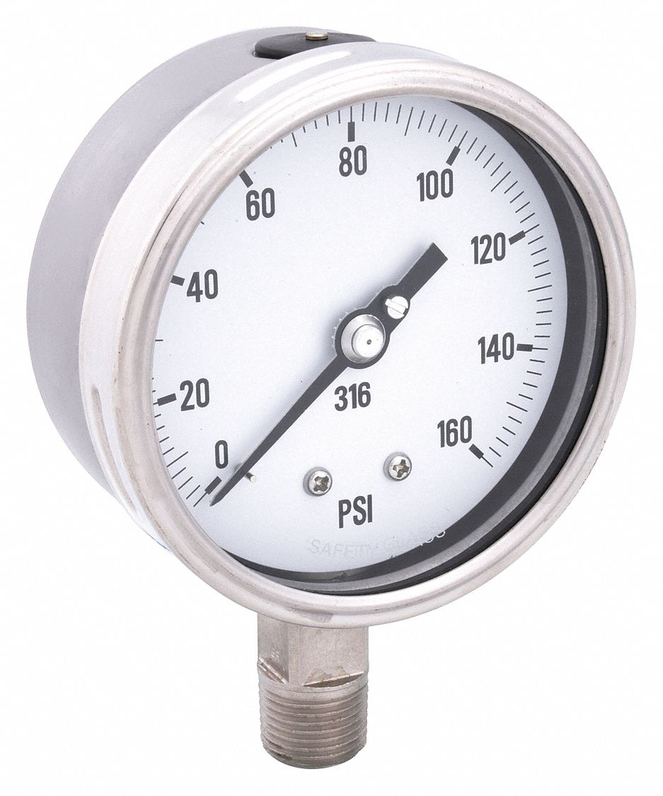 INDUSTRIAL PRESSURE GAUGE, 160 PSI TO 0 PSI/HG TO 160 PSI, 4 IN DIAL, 1/2 IN NPT MALE