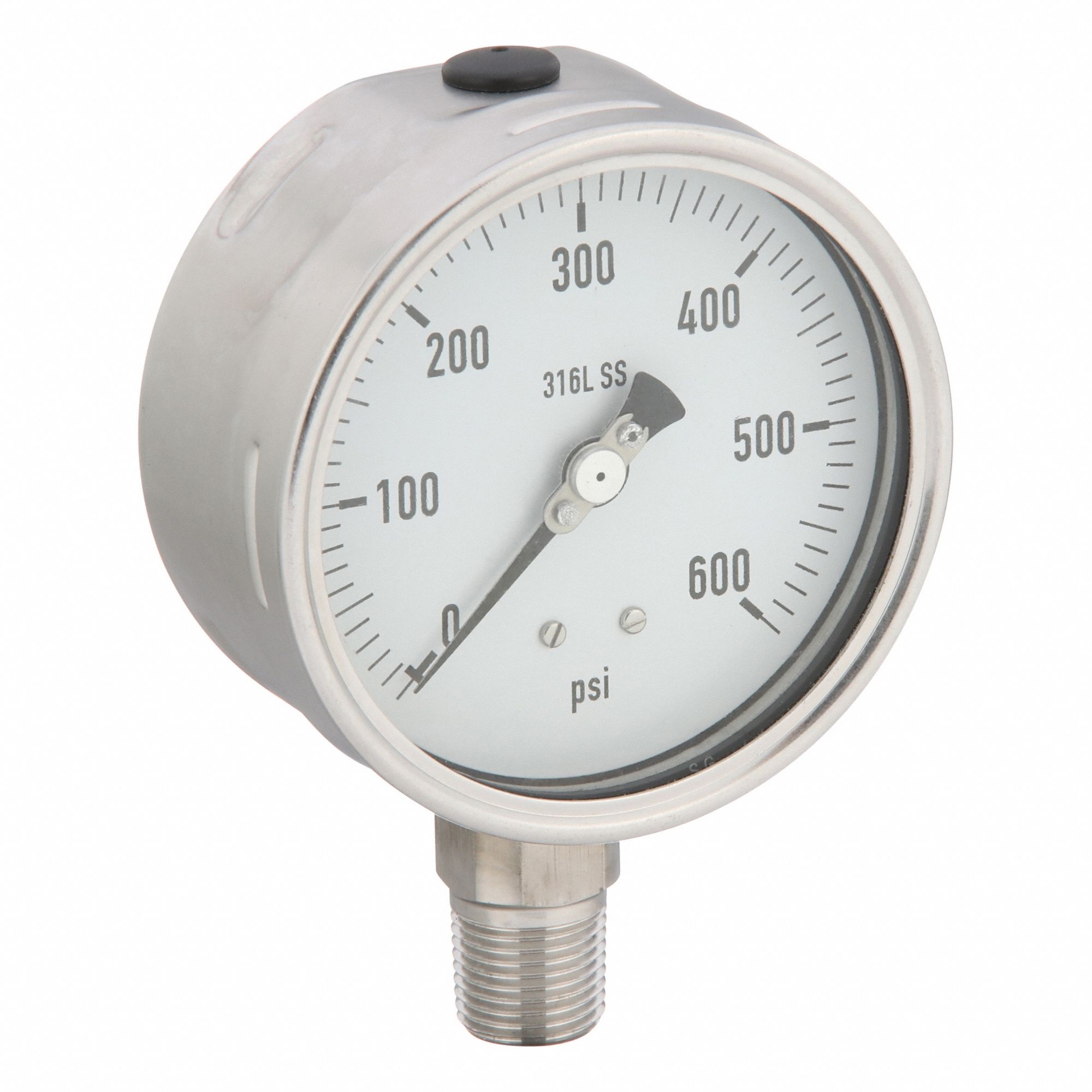 Industrial Pressure Gauge: 0 psi / Hg to 600 psi, 4 in Dial, 1/2 in NPT Male, Bottom