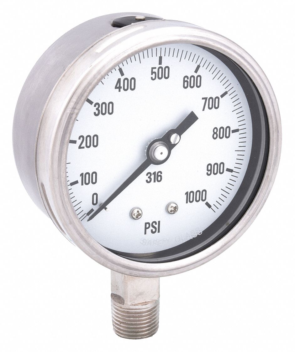 Industrial Pressure Gauge: 0 psi / Hg to 1, 000 psi, 4 in Dial, 1/2 in NPT Male, Bottom
