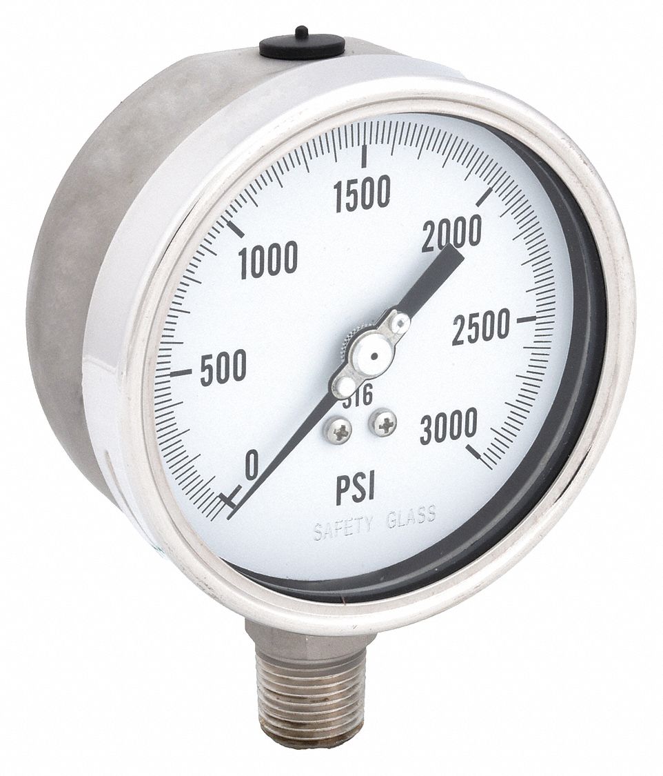Industrial Pressure Gauge: 0 psi / Hg to 3, 000 psi, 4 in Dial, 1/2 in NPT Male, Bottom