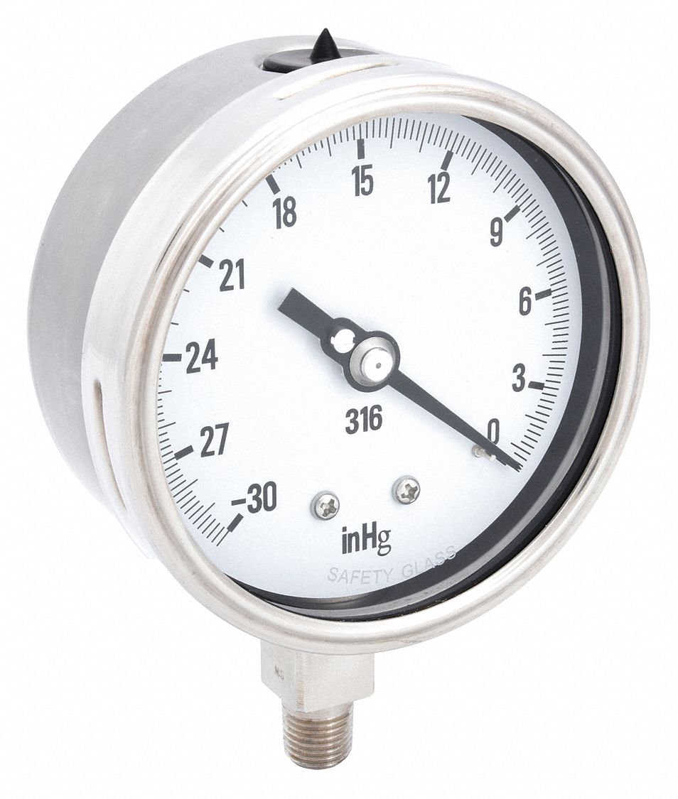 PIC GAUGES Industrial Vacuum Gauge: 30 to 0 in Hg, 4 in Dial, 1/4 in NPT  Male, Bottom, 4000, Single