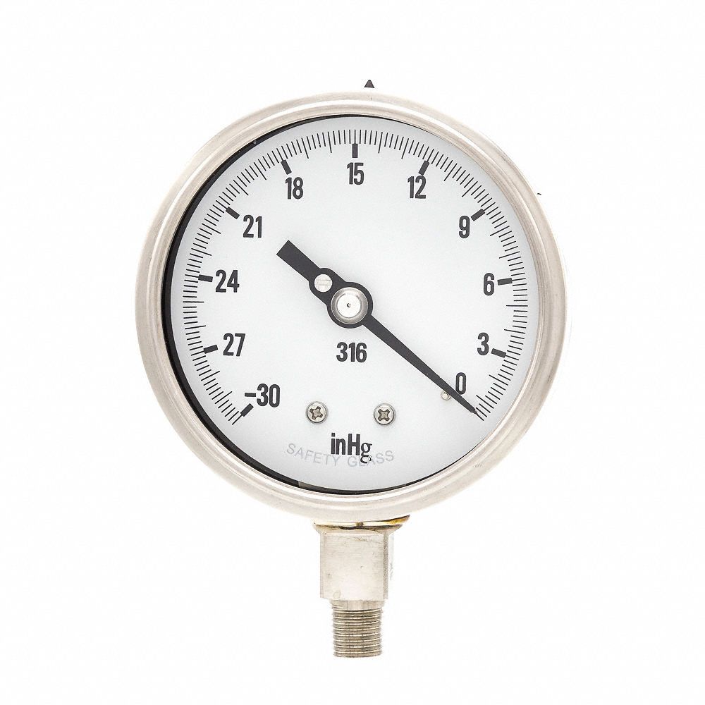PIC GAUGES Vacuum Gauge, 30 in Hg Vac to 0 Range, 1/4 in MNPT, +/1.00