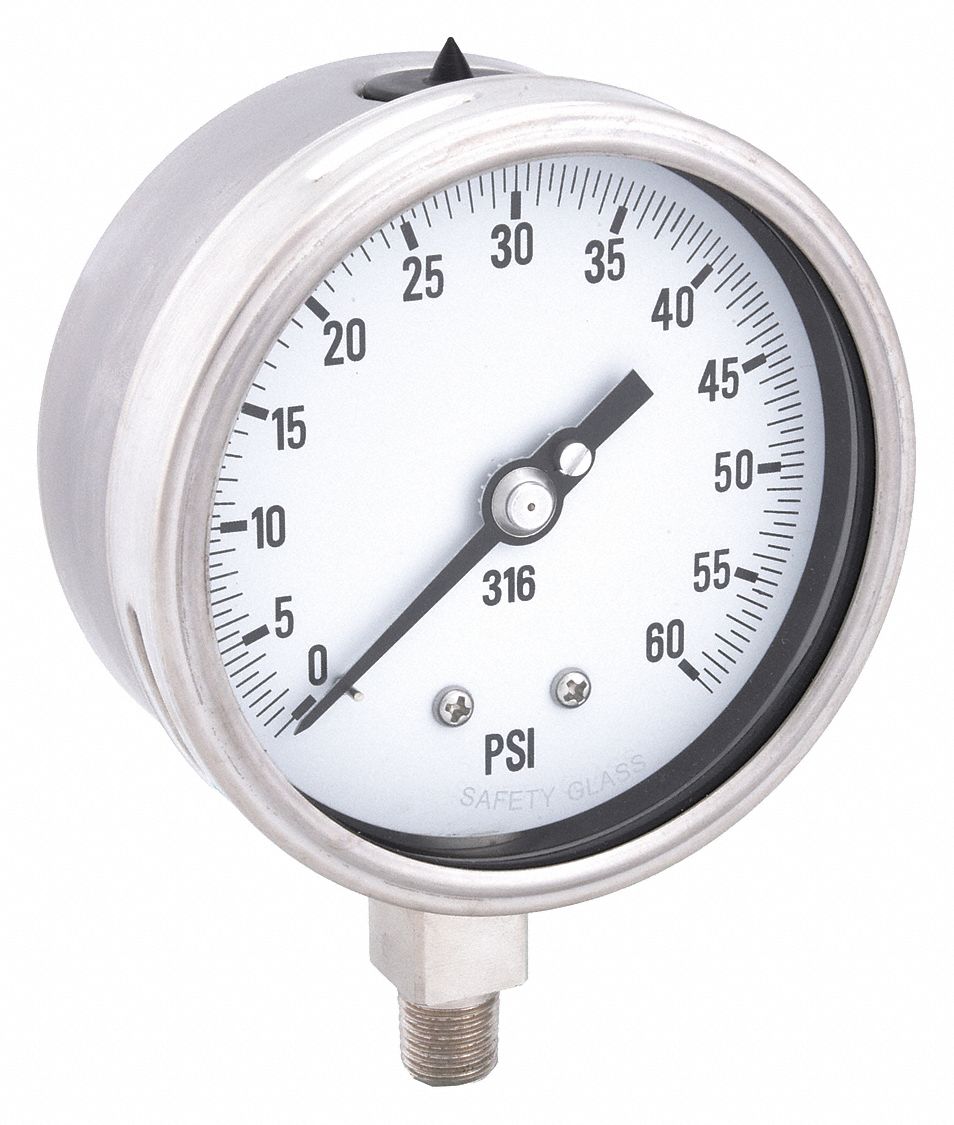 Industrial Pressure Gauge: 0 psi / Hg to 60 psi, 4 in Dial, 1/4 in NPT Male, Bottom, 4000