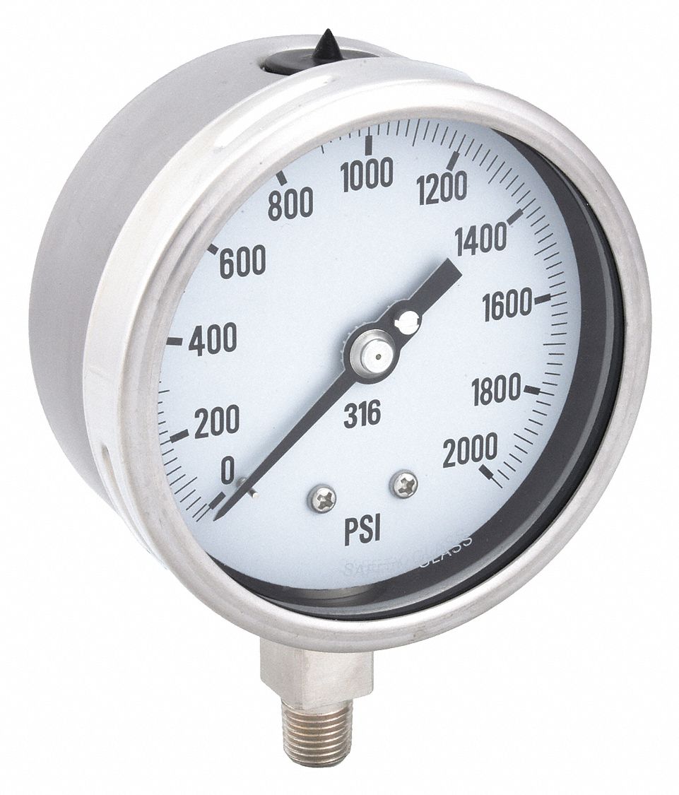 Industrial Pressure Gauge: 0 psi / Hg to 2, 000 psi, 4 in Dial, 1/4 in NPT Male, Bottom