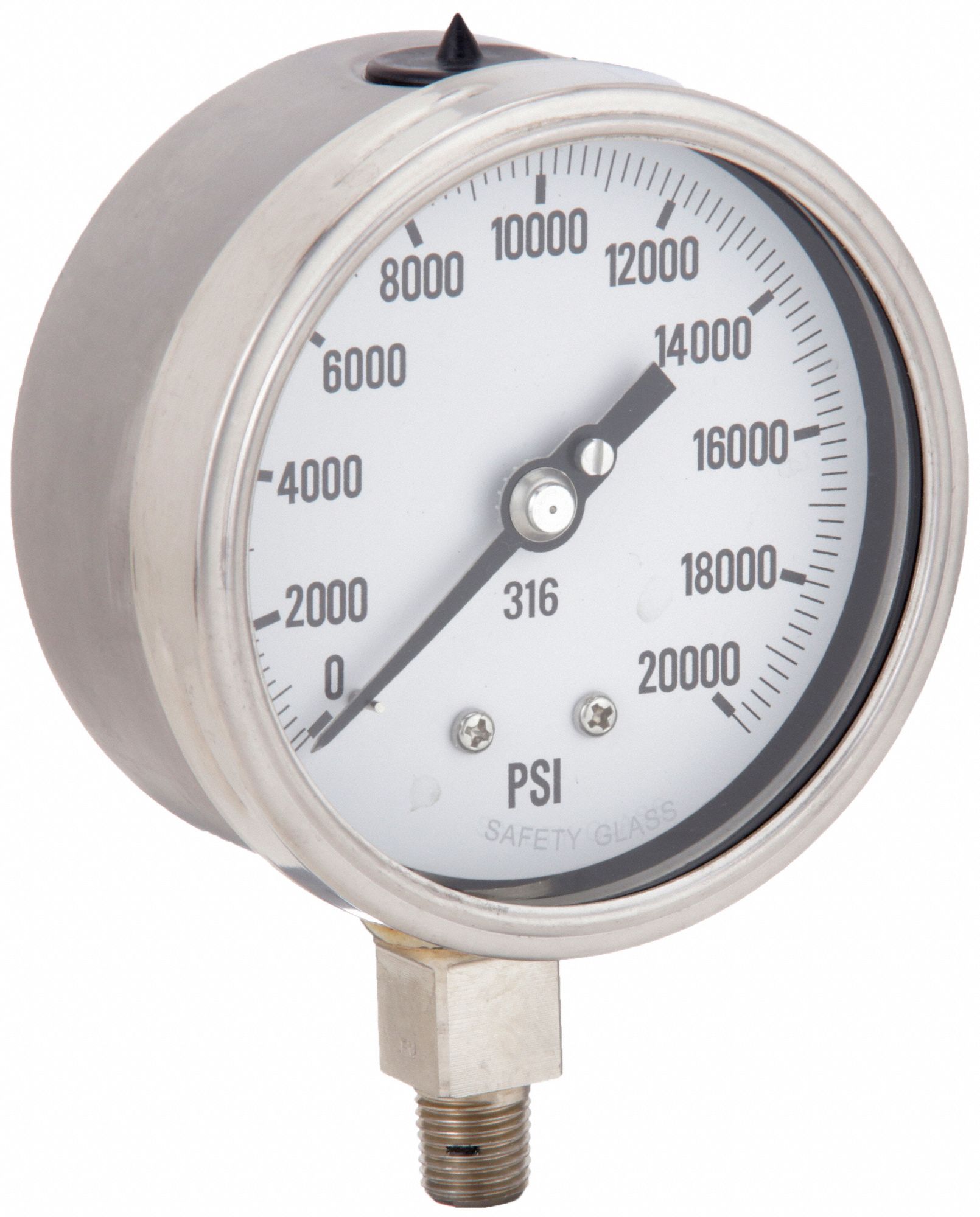 Industrial Pressure Gauge: 0 psi / Hg to 20, 000 psi, 4 in Dial, 1/4 in NPT Male, Bottom
