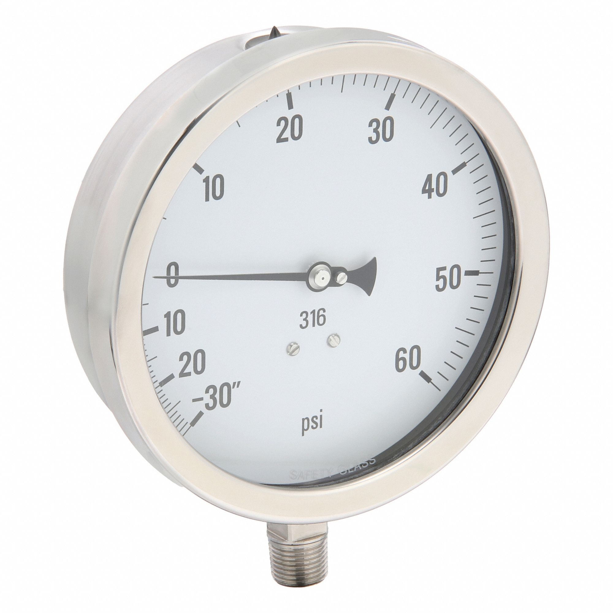 Industrial Pressure Gauge: 0 psi / Hg to 30 psi, 6 in Dial, 1/2 in NPT Male, Bottom, 6000
