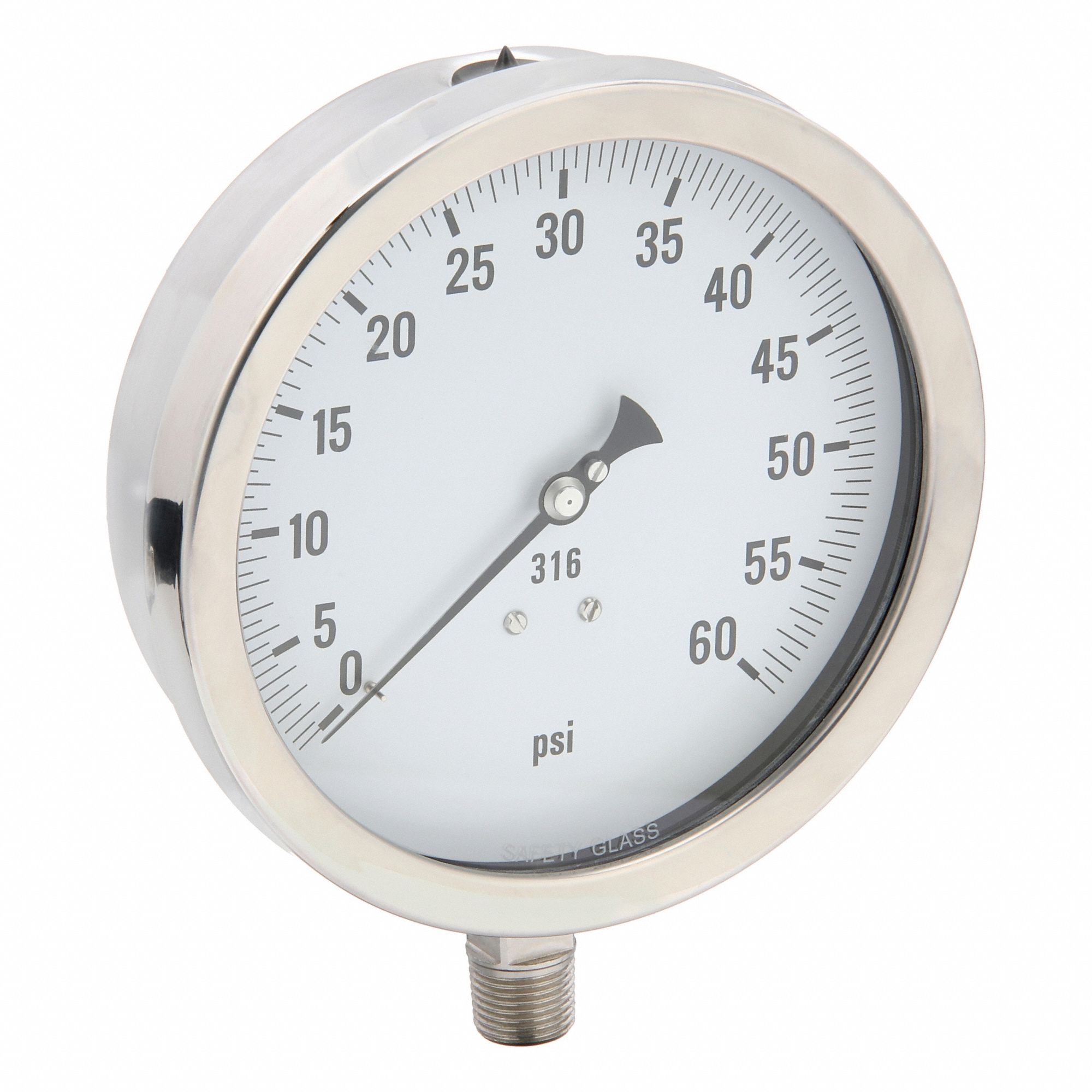 Industrial Pressure Gauge: 0 psi / Hg to 60 psi, 6 in Dial, 1/2 in NPT Male, Bottom, 6000